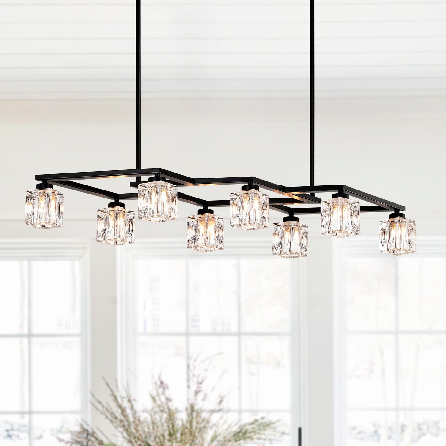 Matte Black Crystal Chandelier for Dining Room, 8-Light Kitchen Chandelier Light Fixture Modern Metal Industrial Chandeliers for Farmhouse Entryway Living Room (8*G9 Bulbs Included)