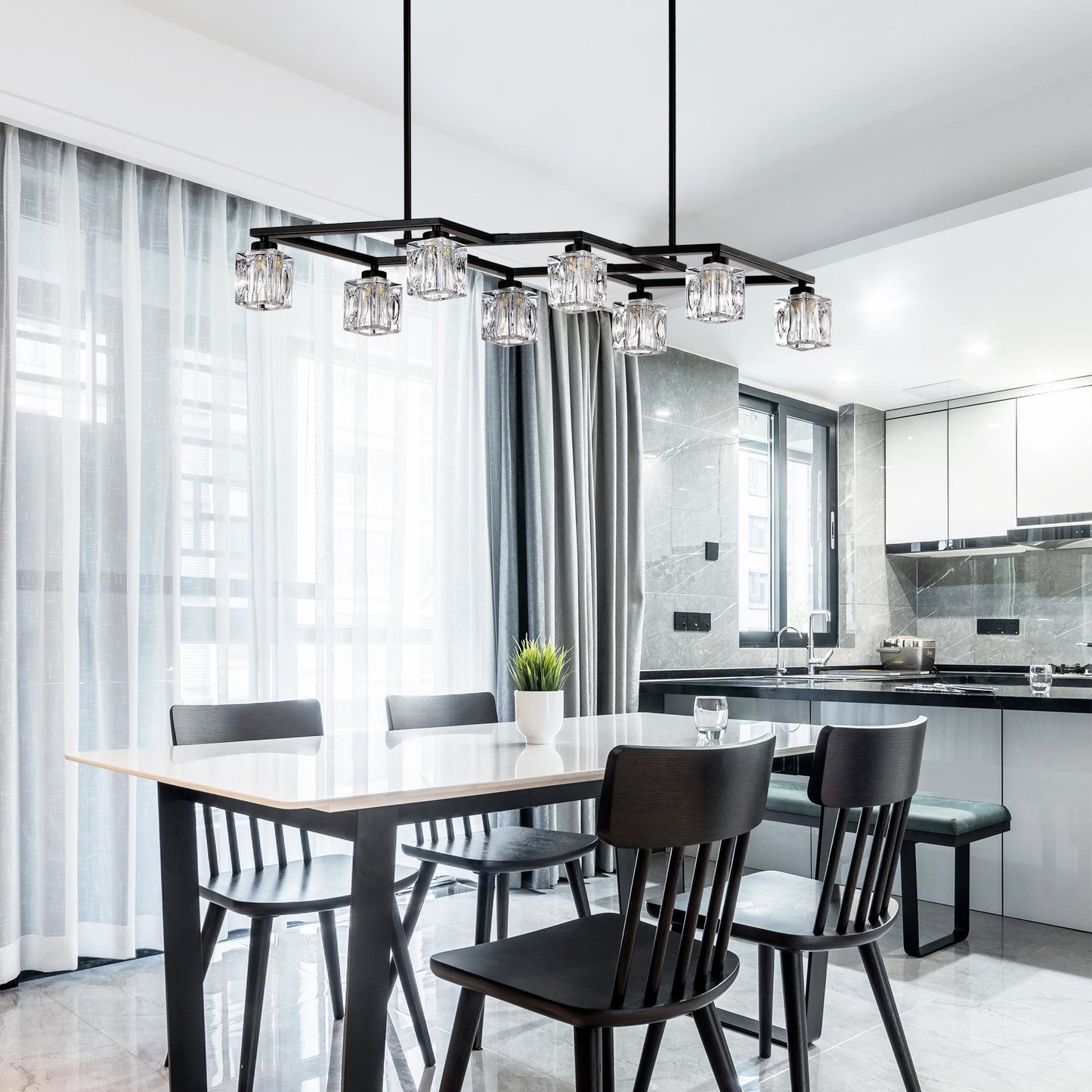 Matte Black Crystal Chandelier for Dining Room, 8-Light Kitchen Chandelier Light Fixture Modern Metal Industrial Chandeliers for Farmhouse Entryway Living Room (8*G9 Bulbs Included)