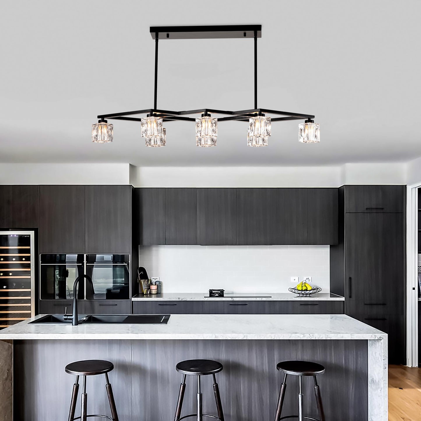 Matte Black Crystal Chandelier for Dining Room, 8-Light Kitchen Chandelier Light Fixture Modern Metal Industrial Chandeliers for Farmhouse Entryway Living Room (8*G9 Bulbs Included)