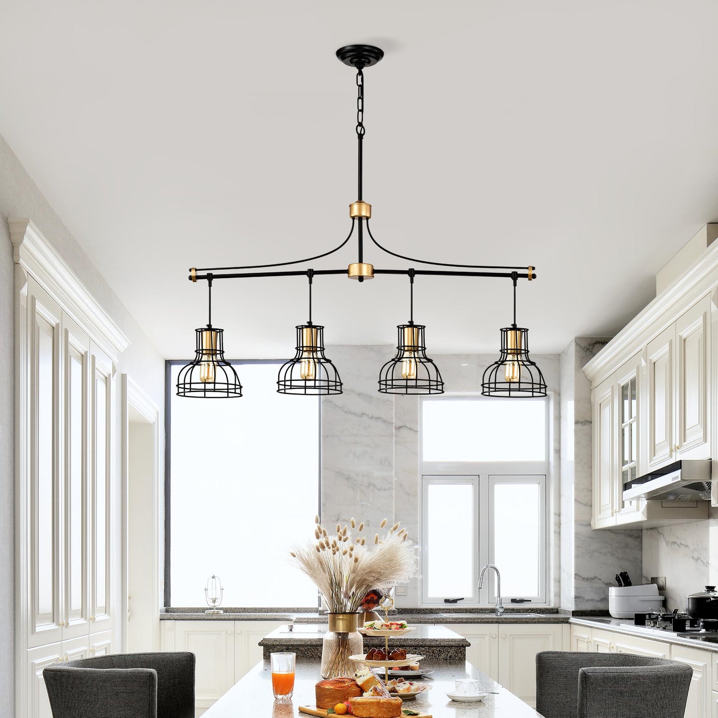 Dining Room Light Fixture/Chandelier Over Table, 40-Inch Hanging for Farmhouse Linear Chandeliers,4-Light Kitchen Island Lighting,Matte Black and Matte Gold Ceiling Chandelier,with Metal lampshade