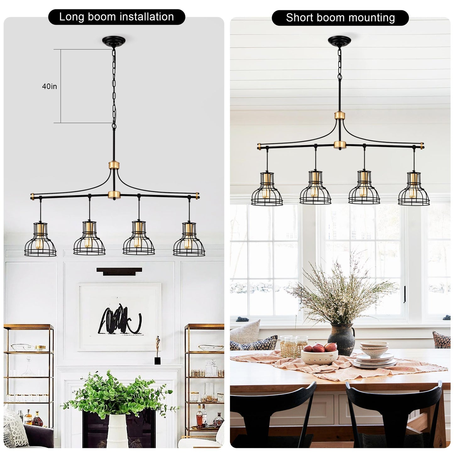 Dining Room Light Fixture/Chandelier Over Table, 40-Inch Hanging for Farmhouse Linear Chandeliers,4-Light Kitchen Island Lighting,Matte Black and Matte Gold Ceiling Chandelier,with Metal lampshade