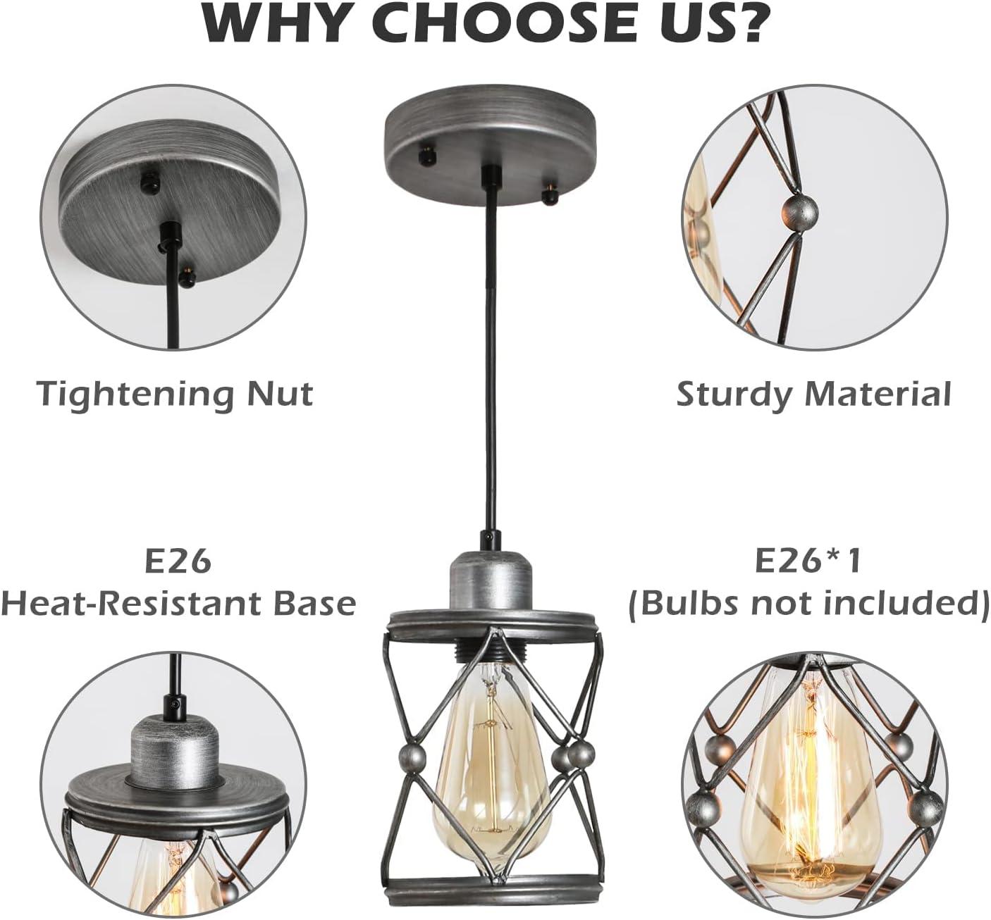 Industrial Pendant Lighting for Kitchen Island, Rustic Mini Cage Pendant Light, Farmhouse Pendant Lamp with Silver Grey Adjustable for Dining Room, Hallway, Entryway, Bedroom