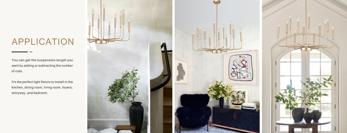 12-Light Modern Gold Farmhouse Iron Chandelier, Adjustable Height E12 Bulb, Classic Candle Hanging Pendant Light For Living Room Dining Room