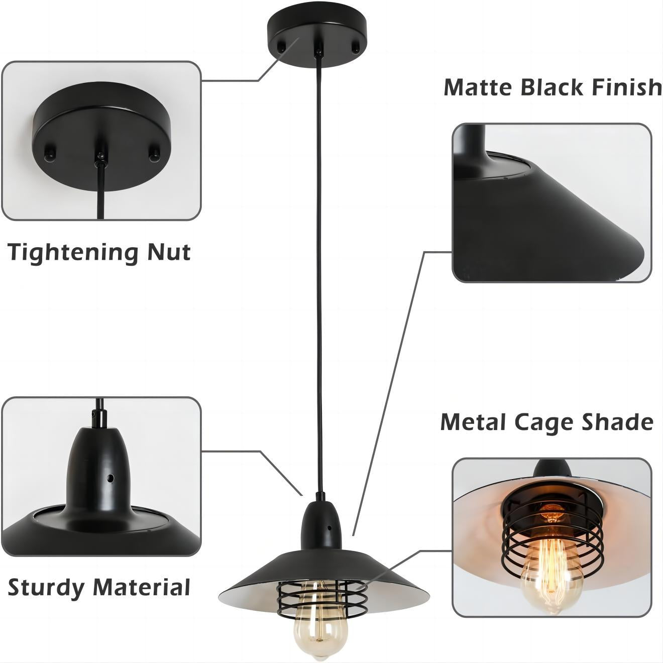 Farmhouse Vintage Pendant Light Black Fixture Pendant Lights with Spring Frame Adjustable Metal Hanging Lamp for Kitchen Island Dining Room Bedroom Living Room Barn Entryy, E26