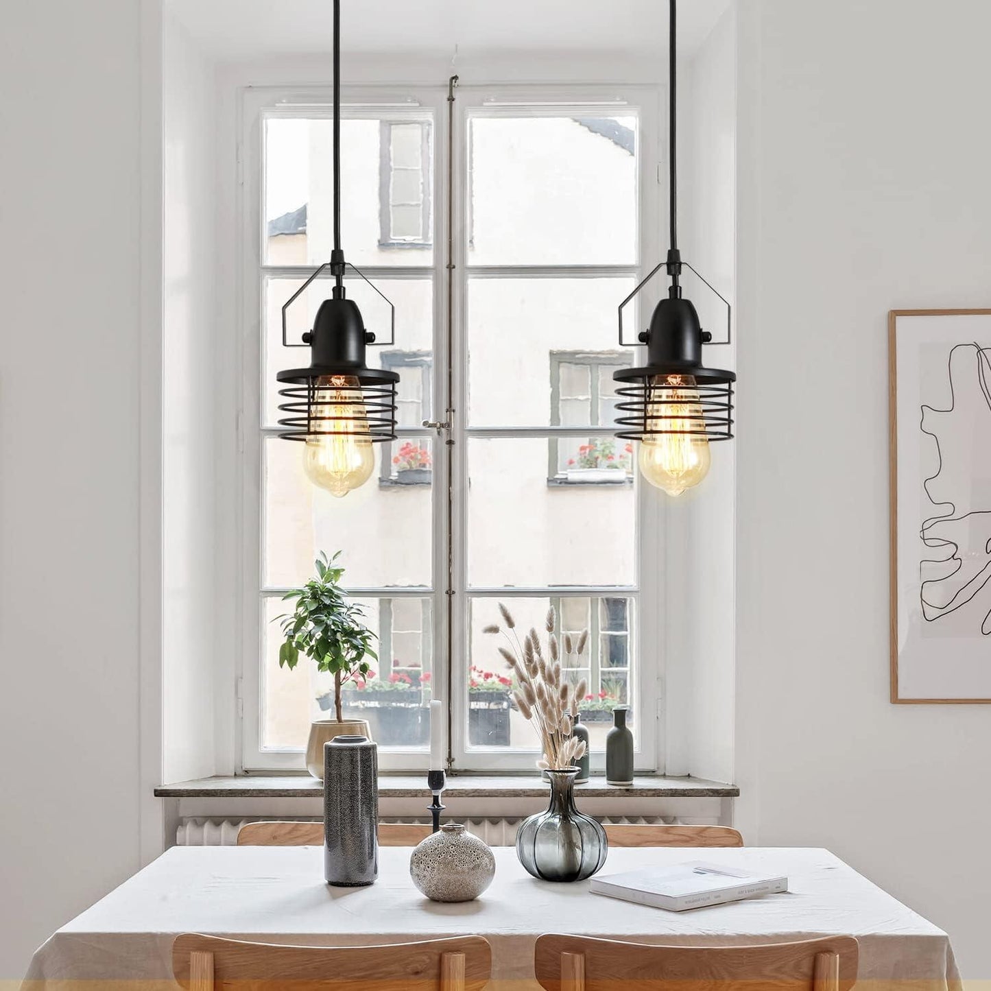 Industrial Black Pendant Light Metal Cage Pendant Lights Dining Room Hanging Lighting for Kitchen Island Living Room Bedroom Entryy Barn Farmhouse,Spring Shade,E26 Bulb(1 Light)