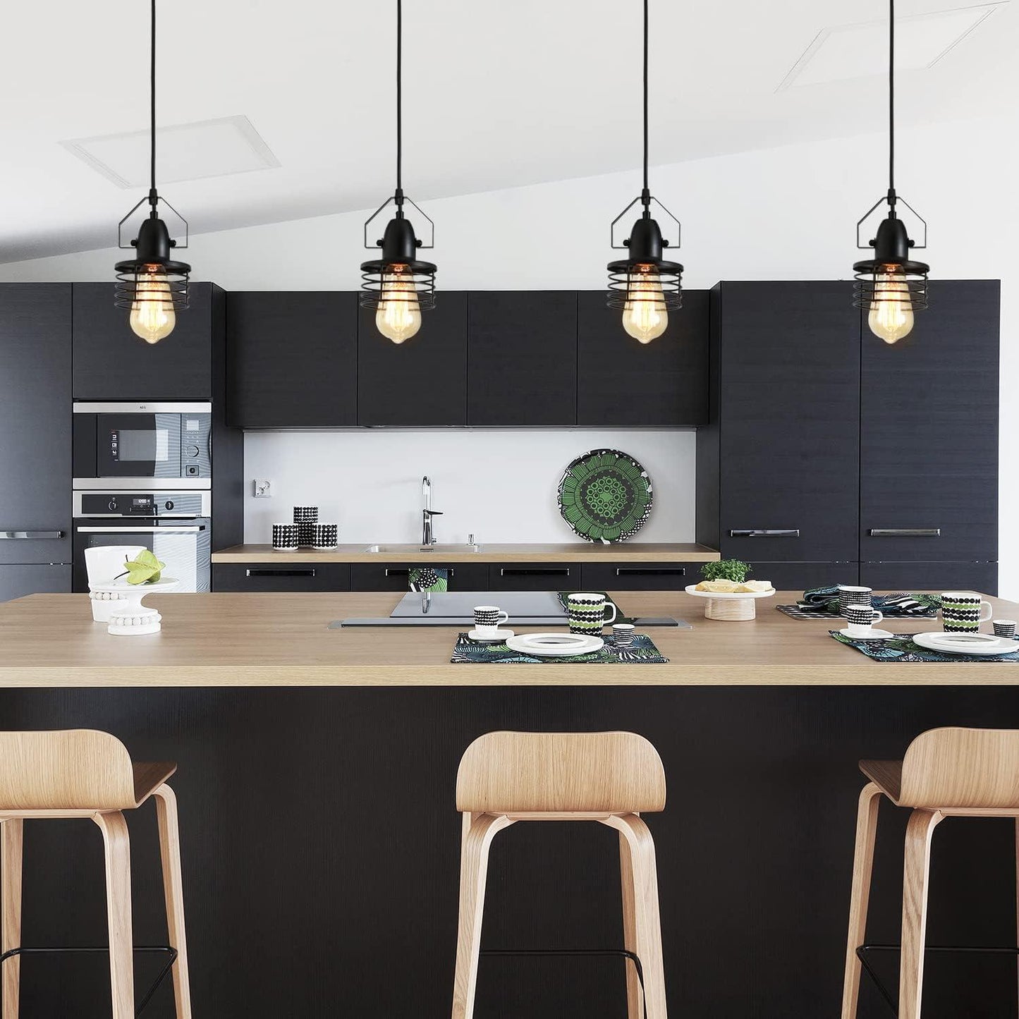 Industrial Black Pendant Light Metal Cage Pendant Lights Dining Room Hanging Lighting for Kitchen Island Living Room Bedroom Entryy Barn Farmhouse,Spring Shade,E26 Bulb(1 Light)