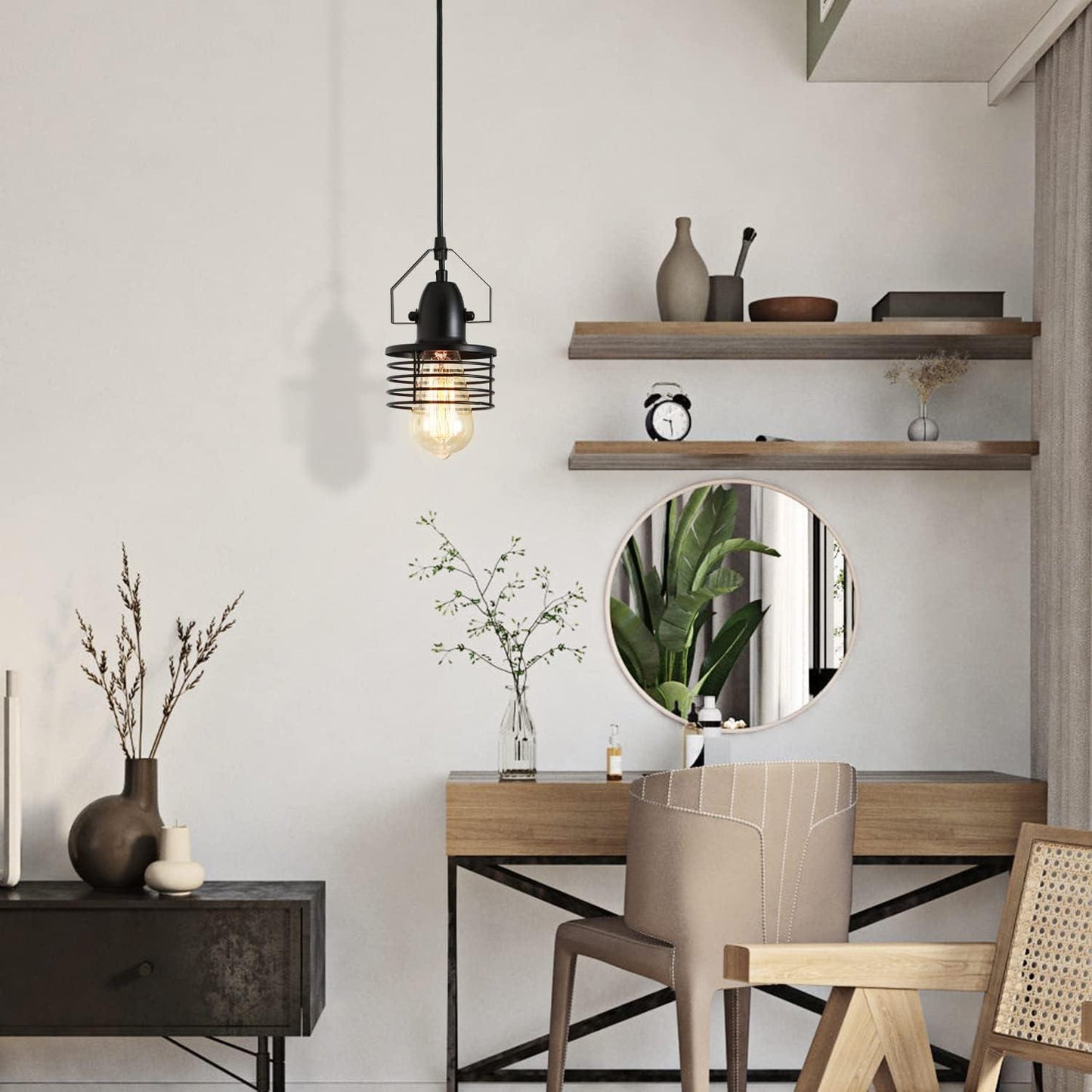 Industrial Black Pendant Light Metal Cage Pendant Lights Dining Room Hanging Lighting for Kitchen Island Living Room Bedroom Entryy Barn Farmhouse,Spring Shade,E26 Bulb(1 Light)