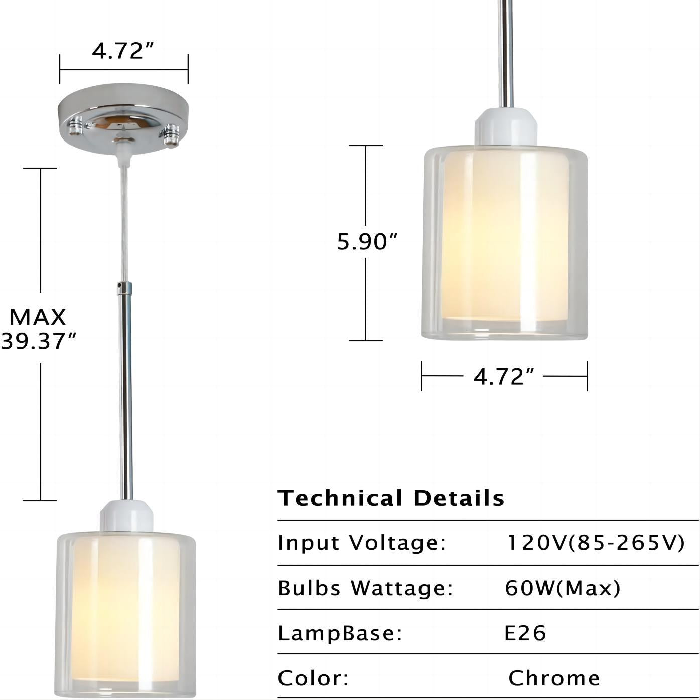 Glass Pendant Light, Modern Pendant Lighting for Kitchen Island, Farmhouse Mini Pendant Lamp with Chrome Nickel Adjustable for Dining Room, Sink, Double Cylinder