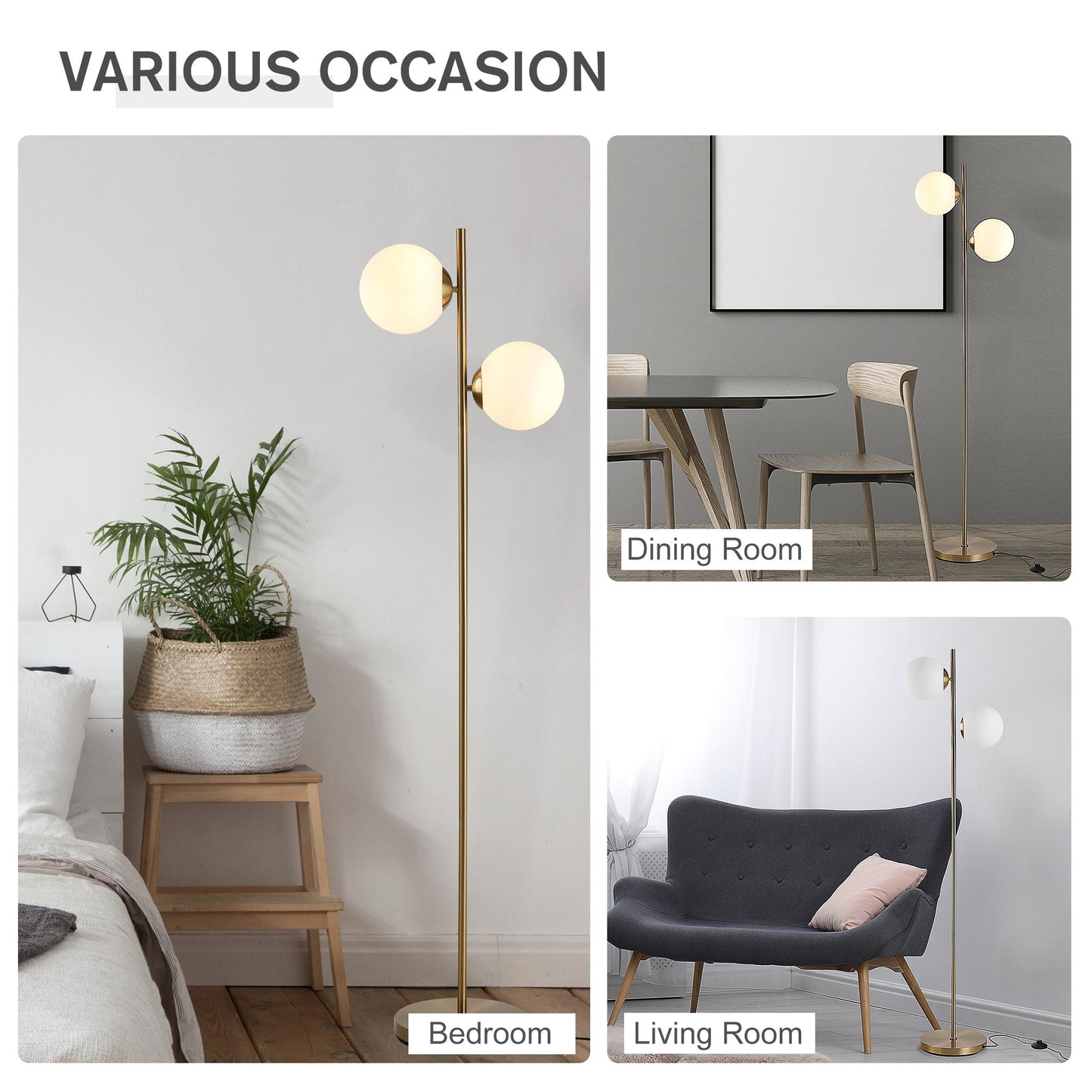 HOMCOM Floor Lamp w/ 2pcs Glass Lamp Shade Modern Portable Decorative Lamp, White