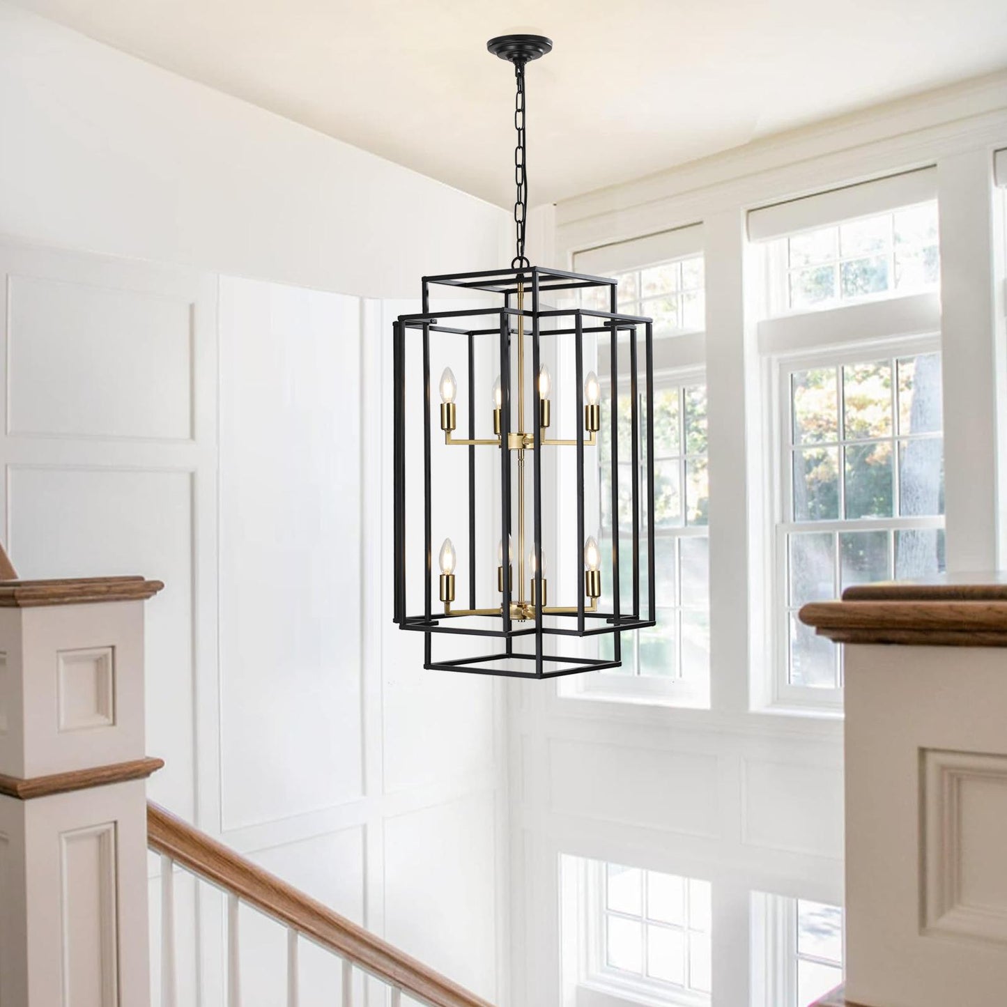 (Same as W1340142524/L1018-G) 18" Modern 8-Light Black Gold Geometric Pendant Chandelier, Industrial Metal Frame, Adjustable Hanging Light for Living Room, Dining Room, Kitchen (No Bulbs)