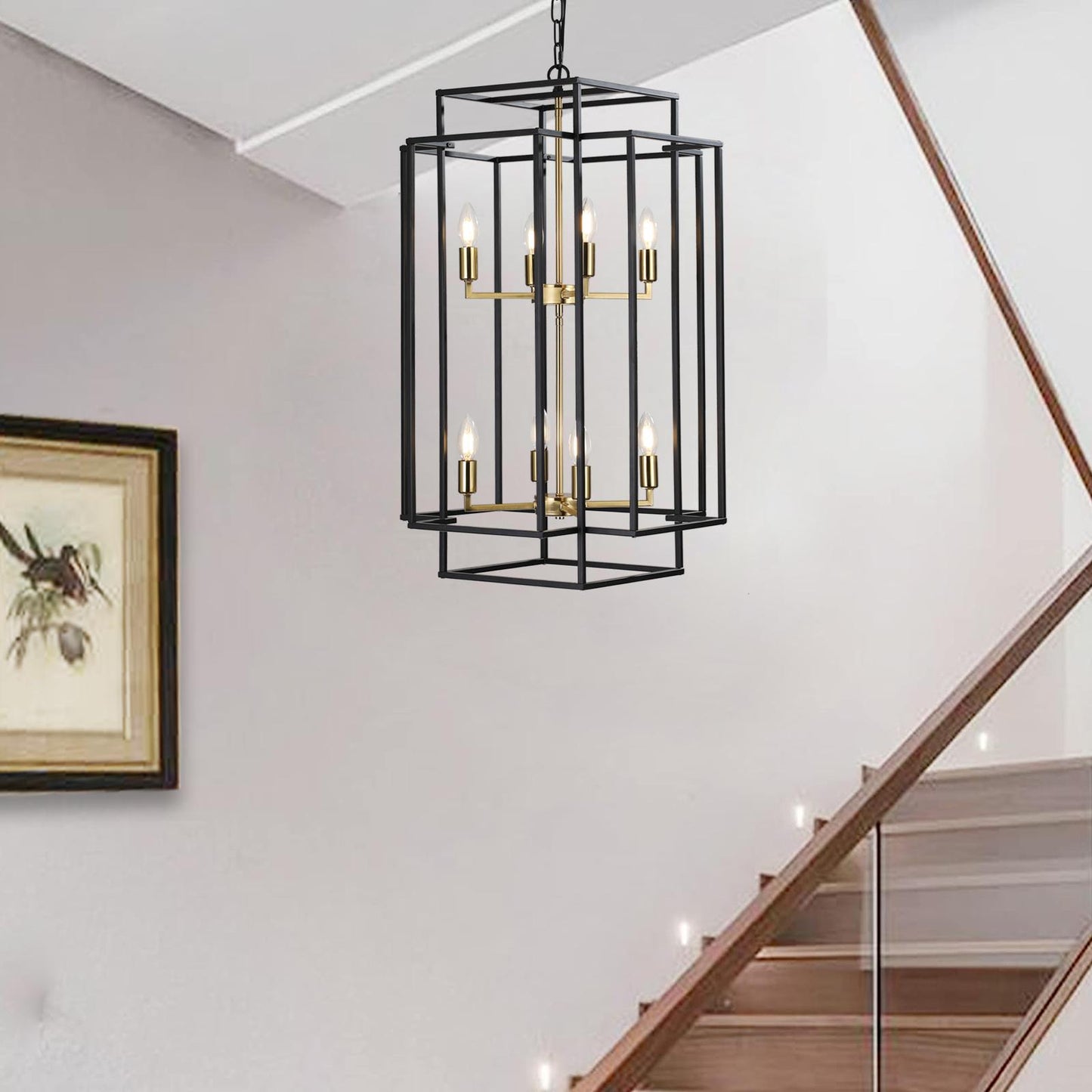 (Same as W1340142524/L1018-G) 18" Modern 8-Light Black Gold Geometric Pendant Chandelier, Industrial Metal Frame, Adjustable Hanging Light for Living Room, Dining Room, Kitchen (No Bulbs)