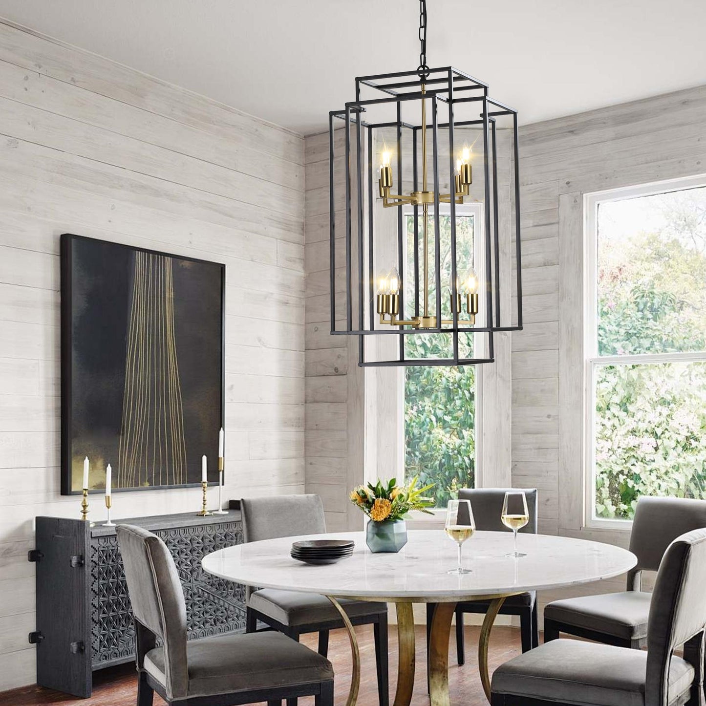 (Same as W1340142524/L1018-G) 18" Modern 8-Light Black Gold Geometric Pendant Chandelier, Industrial Metal Frame, Adjustable Hanging Light for Living Room, Dining Room, Kitchen (No Bulbs)