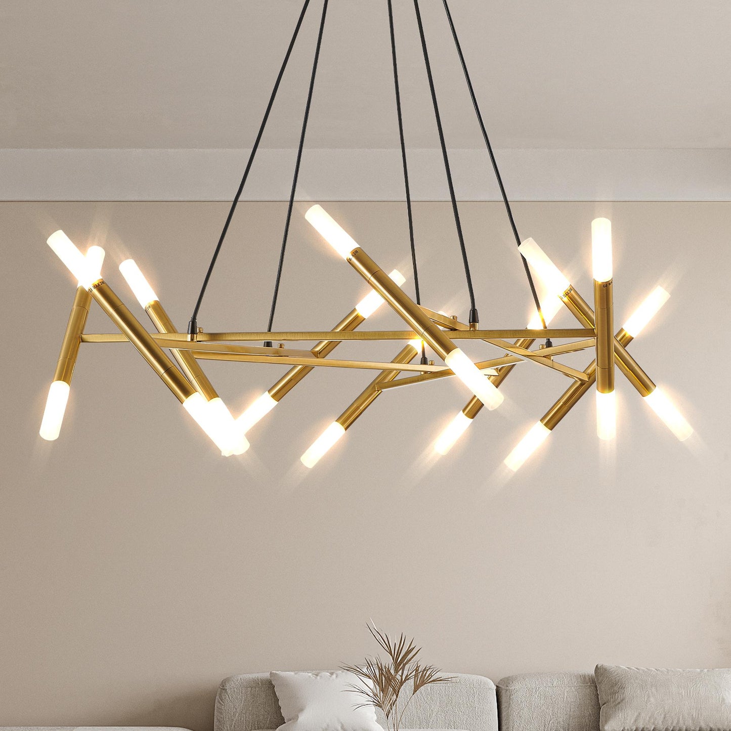 41" Golden Modern Chandelier Light Fixture, Branch Design with Frosted Tubes, Black Cords, Adjustable Height Pendant Light for Dining Room, Living Room, or Kitchen Island (Bulb Not Included)