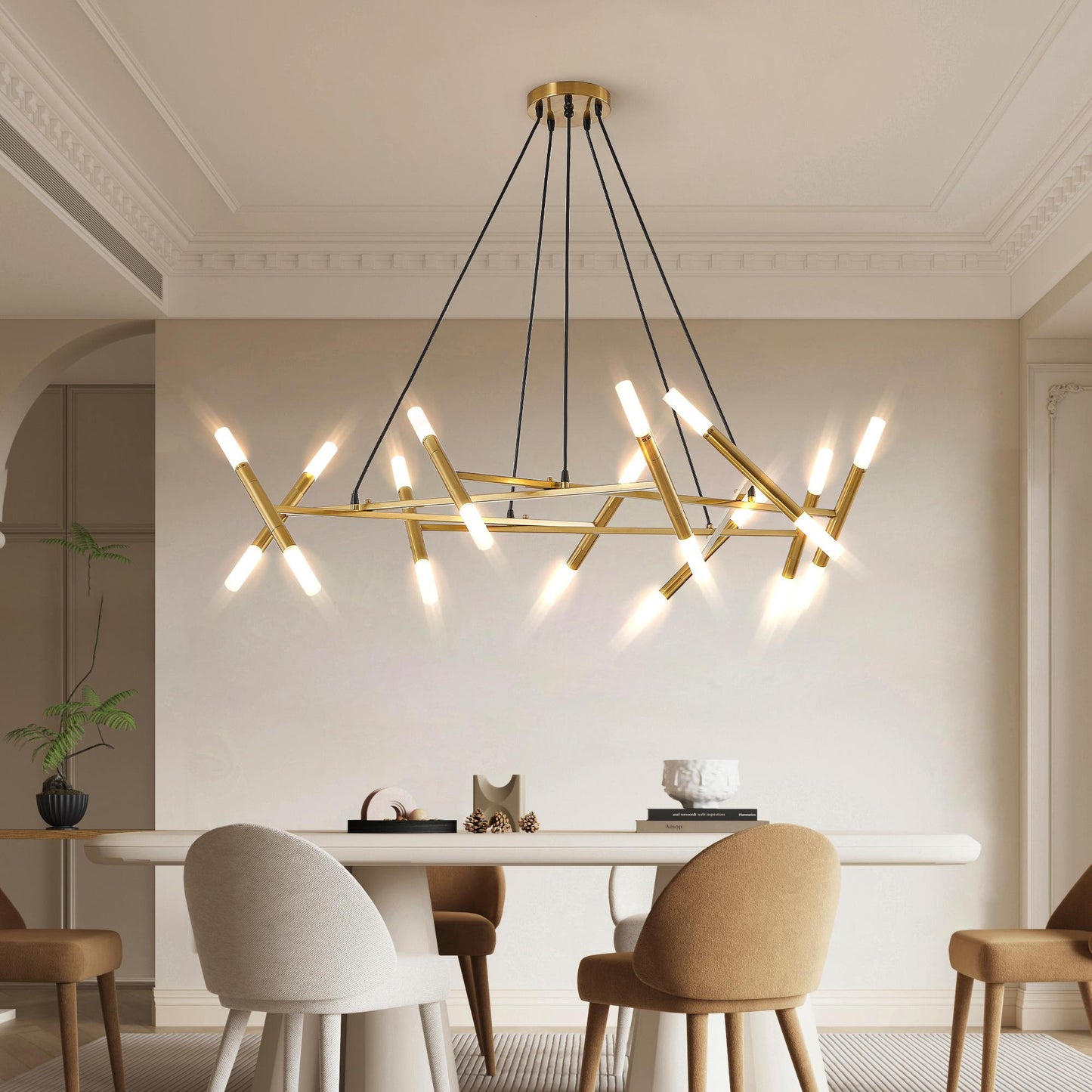 41" Golden Modern Chandelier Light Fixture, Branch Design with Frosted Tubes, Black Cords, Adjustable Height Pendant Light for Dining Room, Living Room, or Kitchen Island (Bulb Not Included)