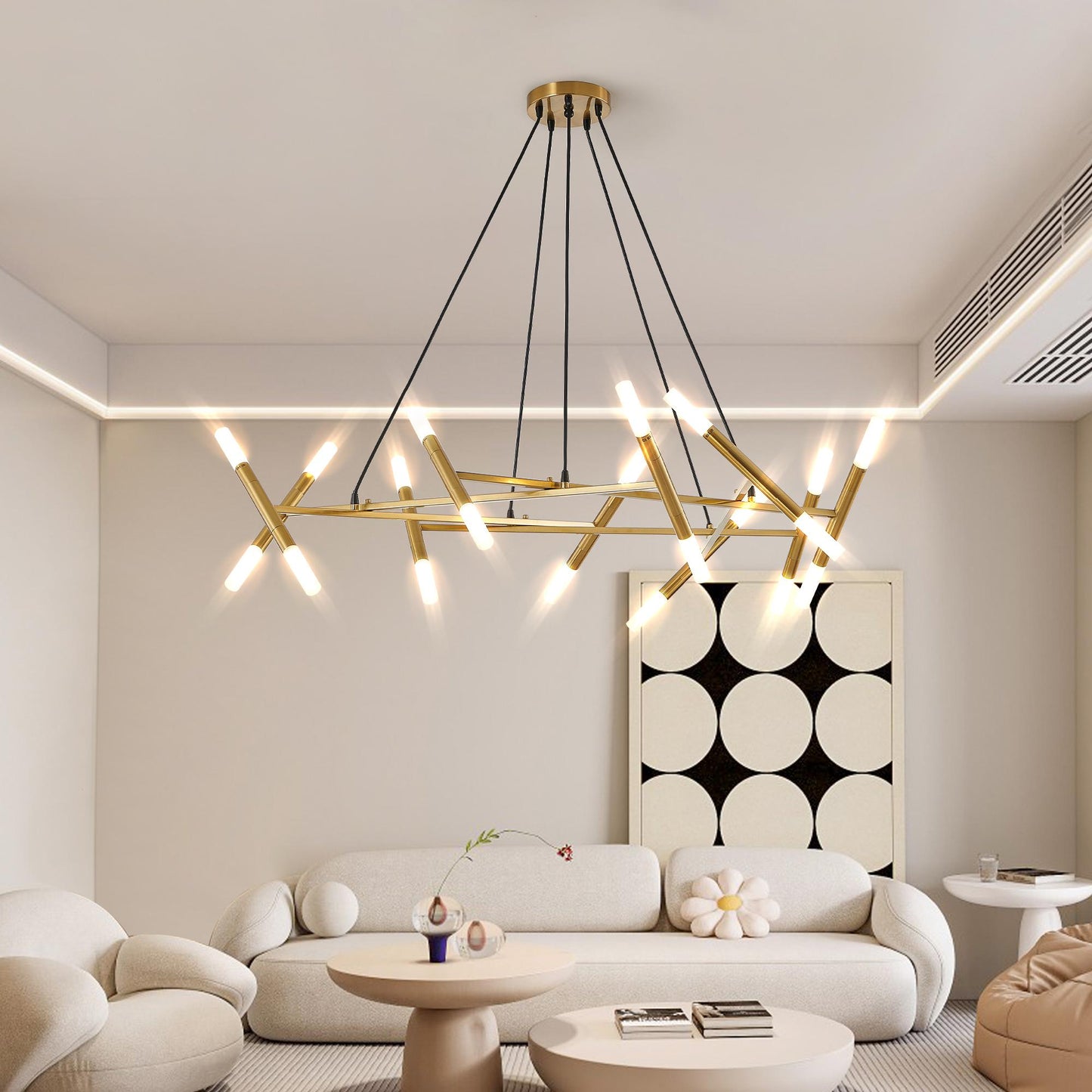 41" Golden Modern Chandelier Light Fixture, Branch Design with Frosted Tubes, Black Cords, Adjustable Height Pendant Light for Dining Room, Living Room, or Kitchen Island (Bulb Not Included)