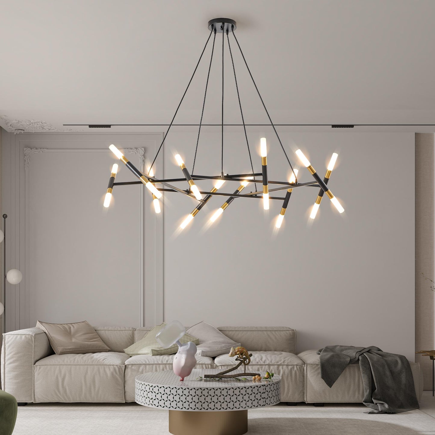 41" Black & Golden Modern Chandelier Light Fixture, Branch Design with Frosted Tubes, Black Cords, Adjustable Height Pendant Light for Dining Room, Living Room, or Kitchen Island (Bulb Not Included)