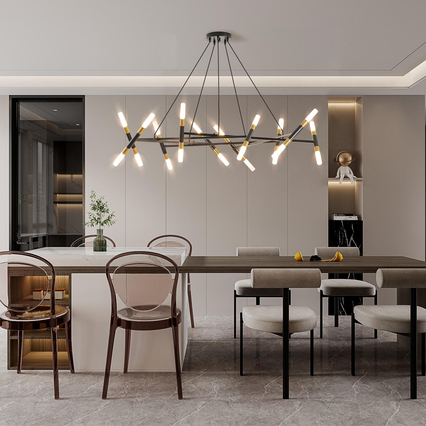 41" Black & Golden Modern Chandelier Light Fixture, Branch Design with Frosted Tubes, Black Cords, Adjustable Height Pendant Light for Dining Room, Living Room, or Kitchen Island (Bulb Not Included)