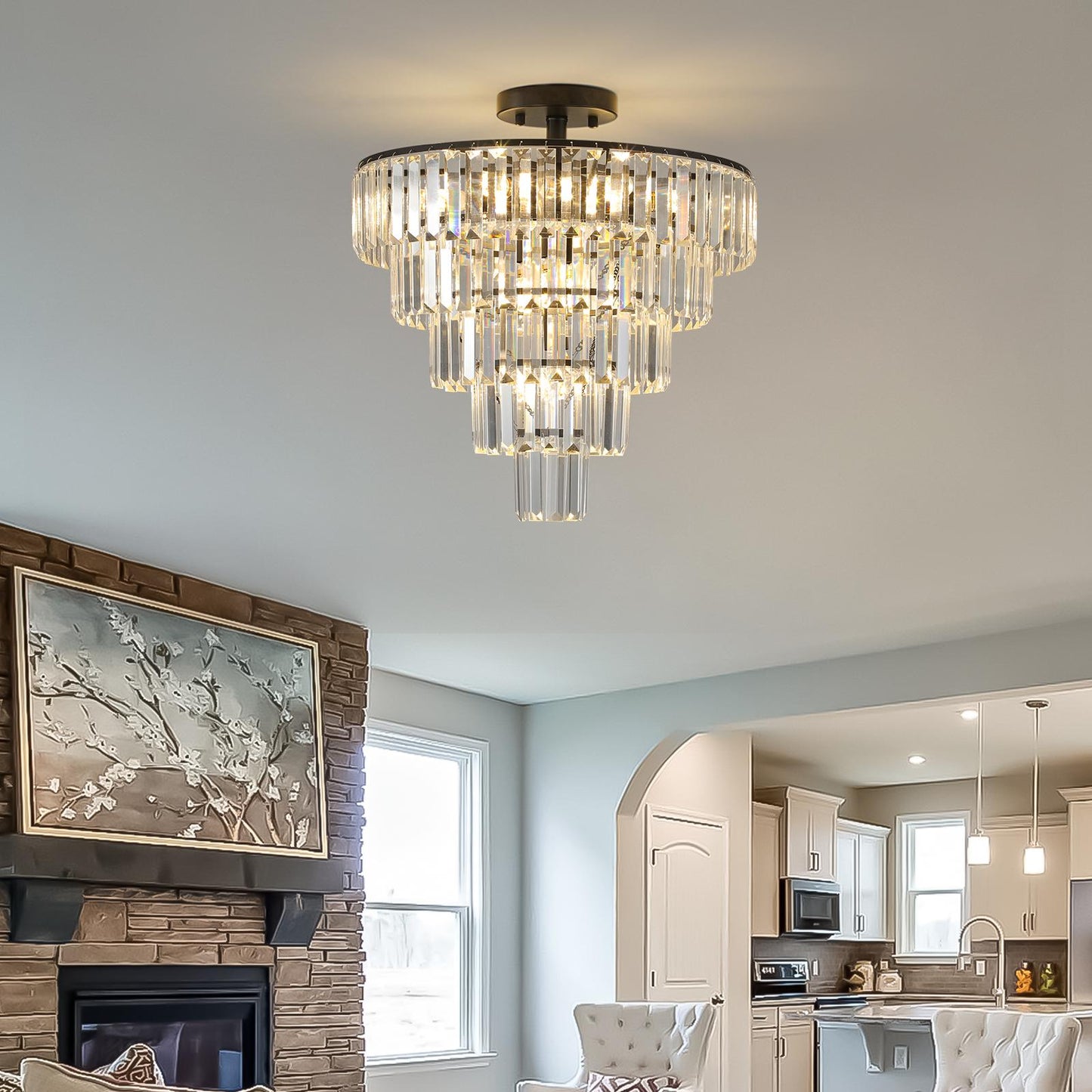 (Same as W1340110374/L5011) 20" Black Crystal Chandelier Ceiling Light, Modern Luxury 10-Light Flush Mount Light Fixture, Elegant Home Lighting for Living Room, Dining Room, Bedroom (No Bulbs)