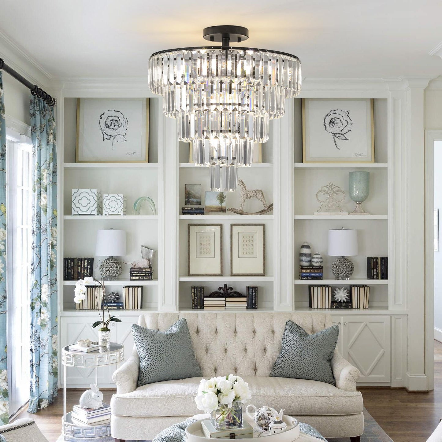 (Same as W1340110374/L5011) 20" Black Crystal Chandelier Ceiling Light, Modern Luxury 10-Light Flush Mount Light Fixture, Elegant Home Lighting for Living Room, Dining Room, Bedroom (No Bulbs)