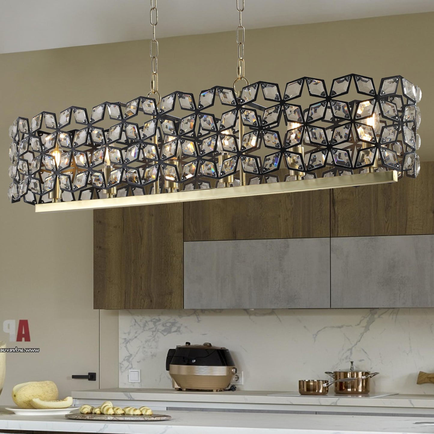 39" Contemporary Crystal and BlackGold Pendant Chandelier – Geometric Modern Light Fixture for Dining Room, Kitchen, or Living Room (Bulb Not Included)
