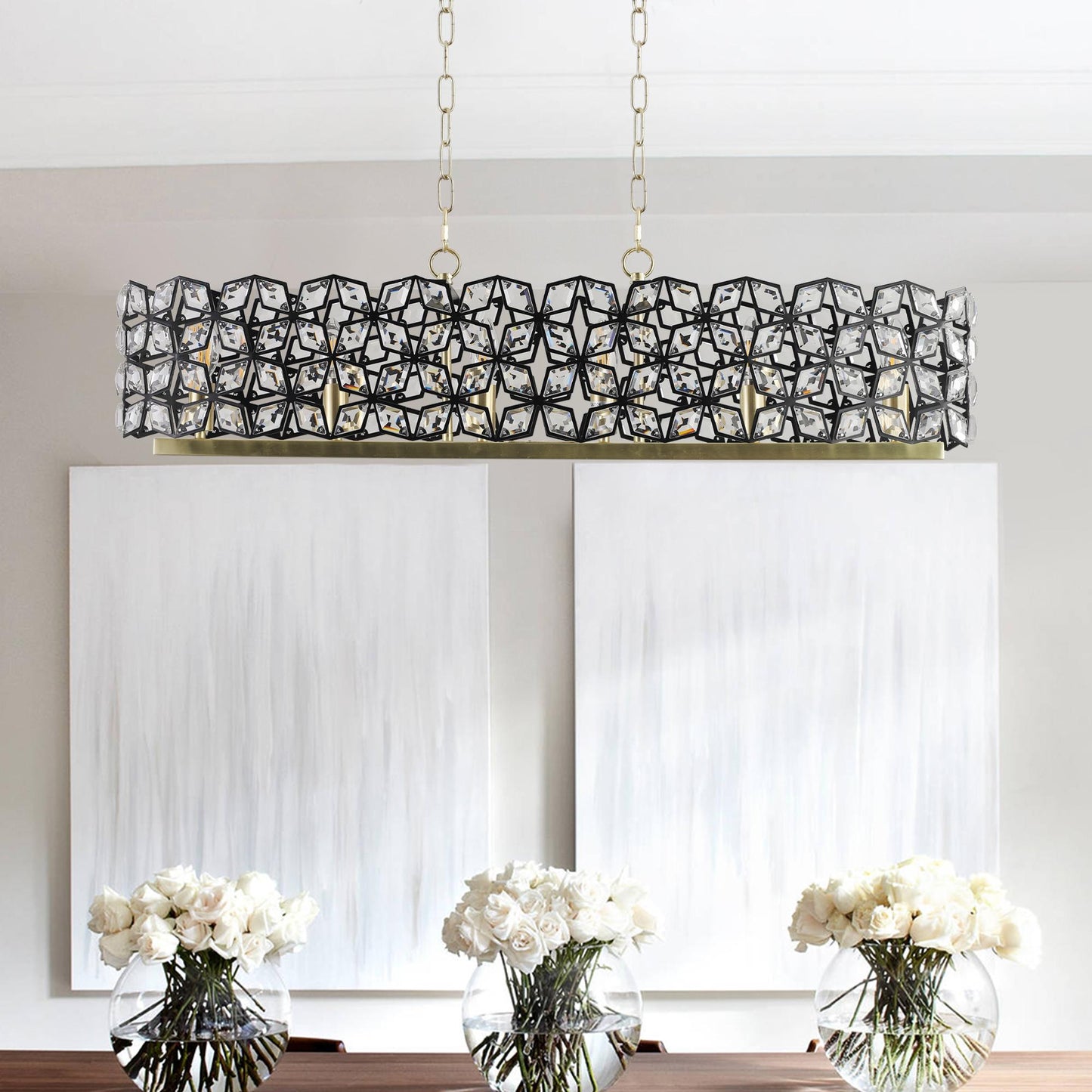 39" Contemporary Crystal and BlackGold Pendant Chandelier – Geometric Modern Light Fixture for Dining Room, Kitchen, or Living Room (Bulb Not Included)