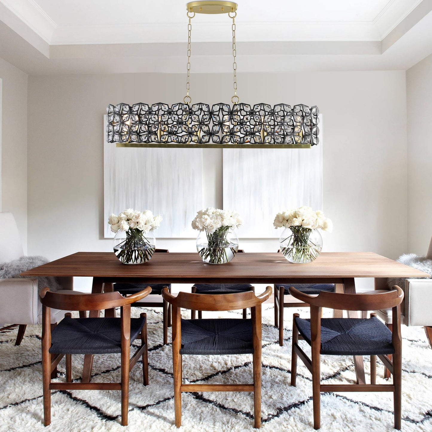 39" Contemporary Crystal and BlackGold Pendant Chandelier – Geometric Modern Light Fixture for Dining Room, Kitchen, or Living Room (Bulb Not Included)