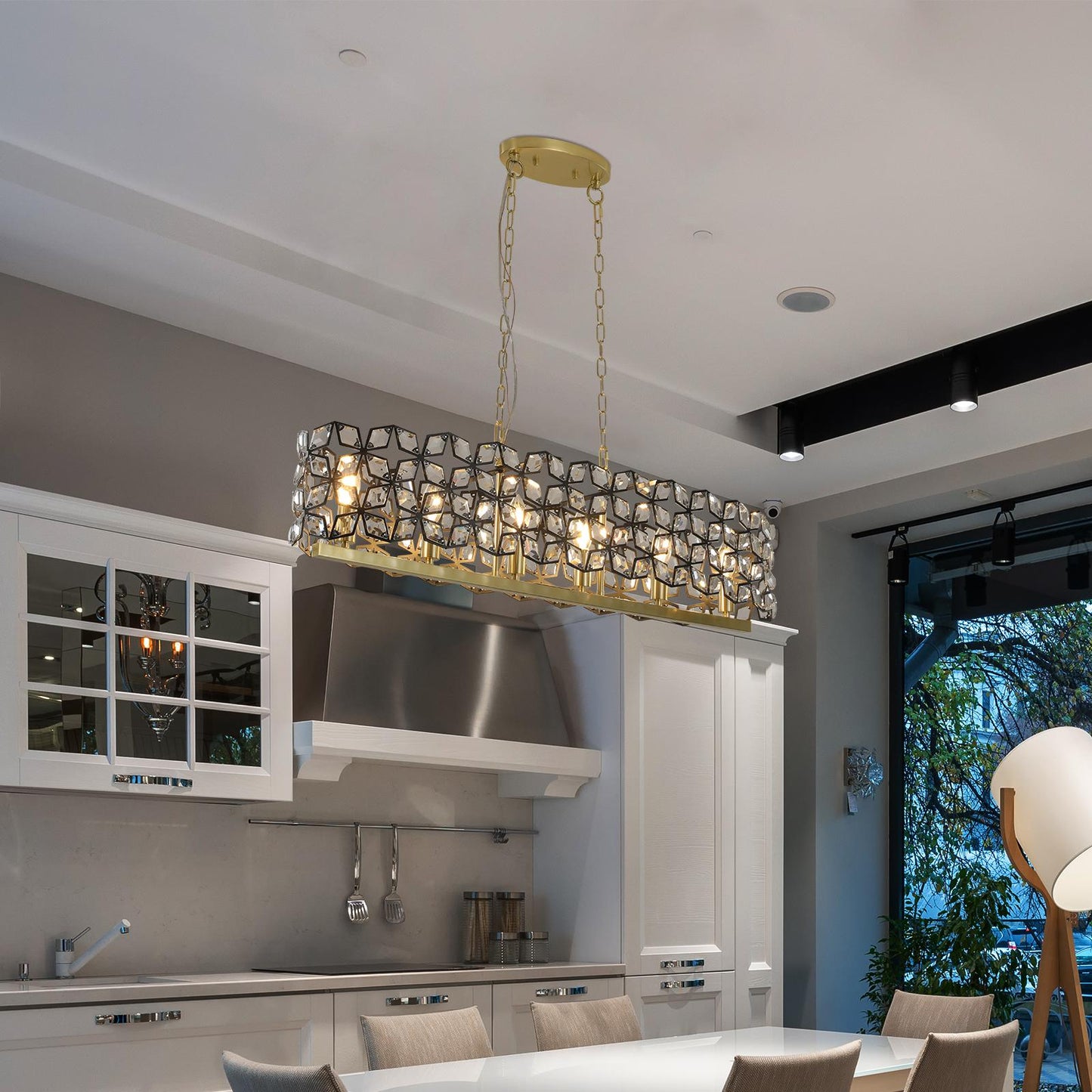 39" Contemporary Crystal and BlackGold Pendant Chandelier – Geometric Modern Light Fixture for Dining Room, Kitchen, or Living Room (Bulb Not Included)