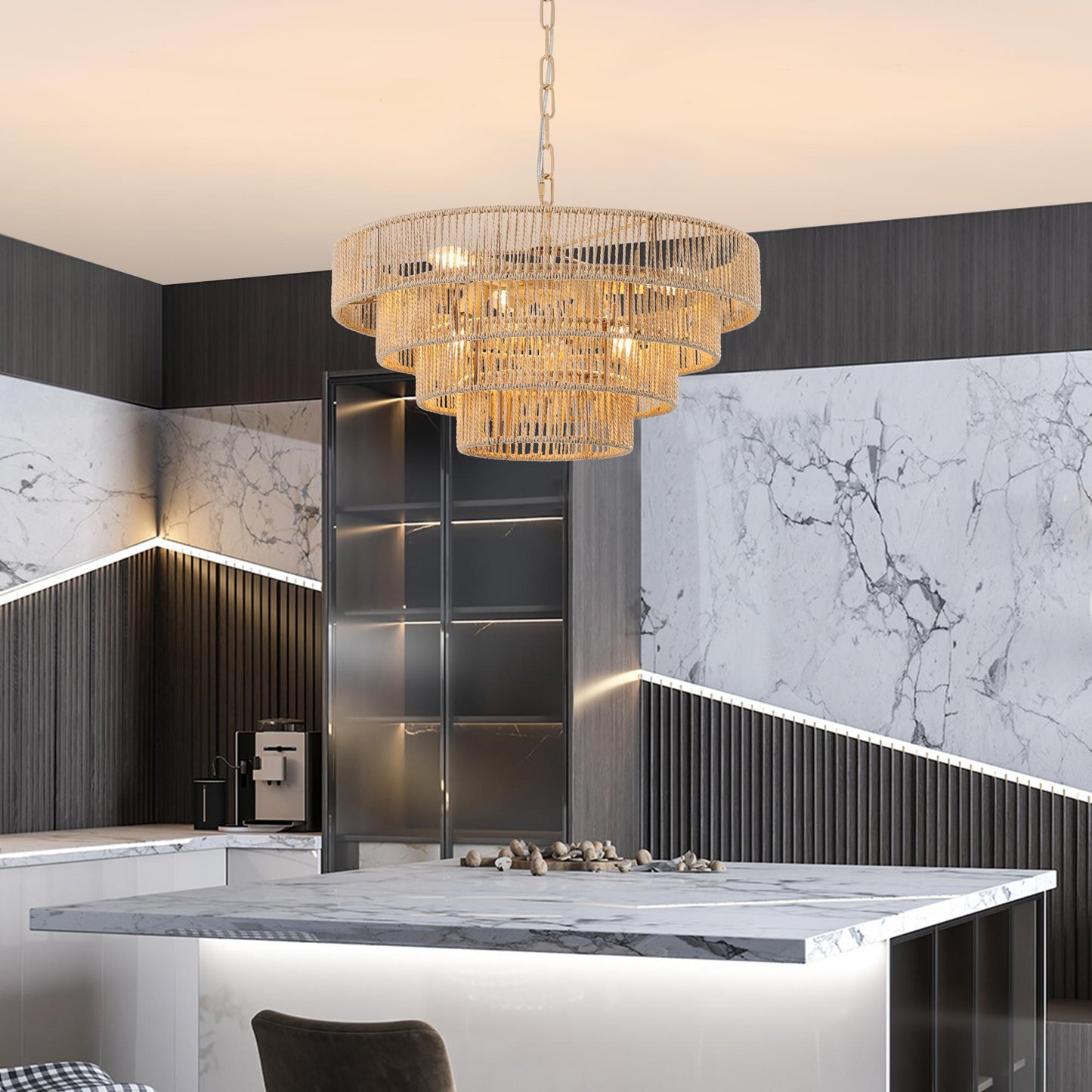 (Same as W1340P155976/L1019-4) 20" Modern 4-Layer Woven Hemp Rope Chandelier, Boho Style Pendant Light, Elegant Hanging Light Fixture for Living Room, Dining Room, Bedroom (No Bulbs)