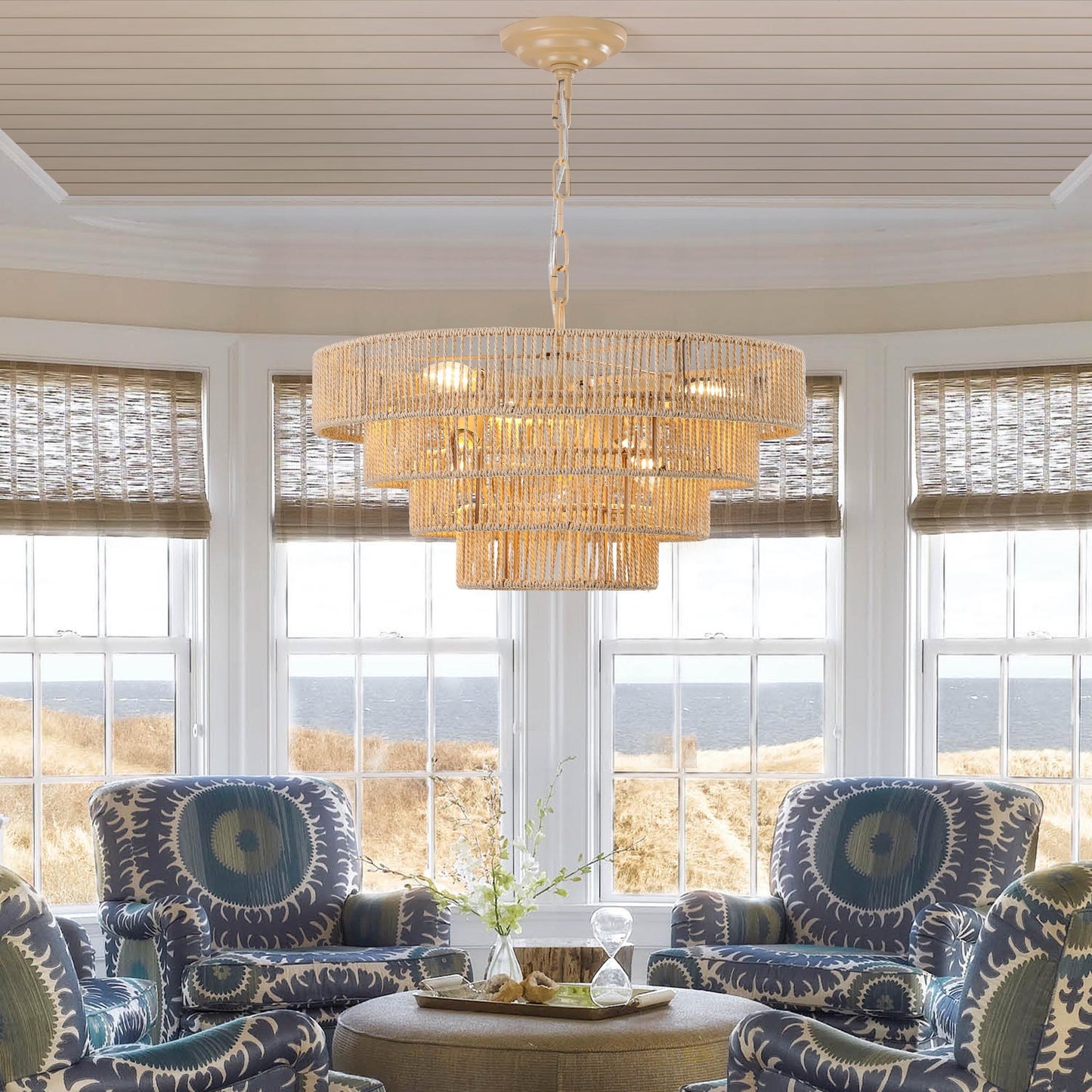 (Same as W1340P155976/L1019-4) 20" Modern 4-Layer Woven Hemp Rope Chandelier, Boho Style Pendant Light, Elegant Hanging Light Fixture for Living Room, Dining Room, Bedroom (No Bulbs)
