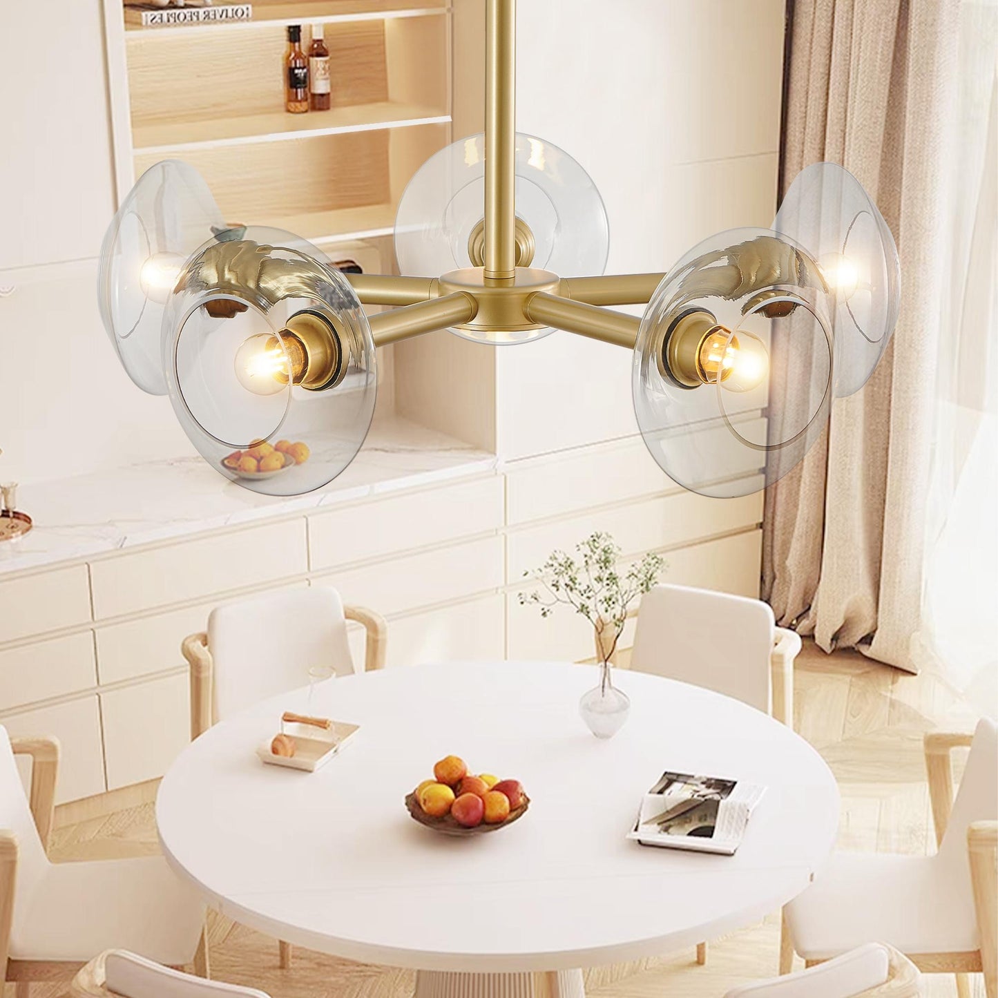 26" Modern Gold 5-Light Sputnik Chandelier with Clear Glass Shades, Mid-Century Hanging Pendant Light Fixture for Dining Room, Living Room, or Kitchen (Bulb Not Included)