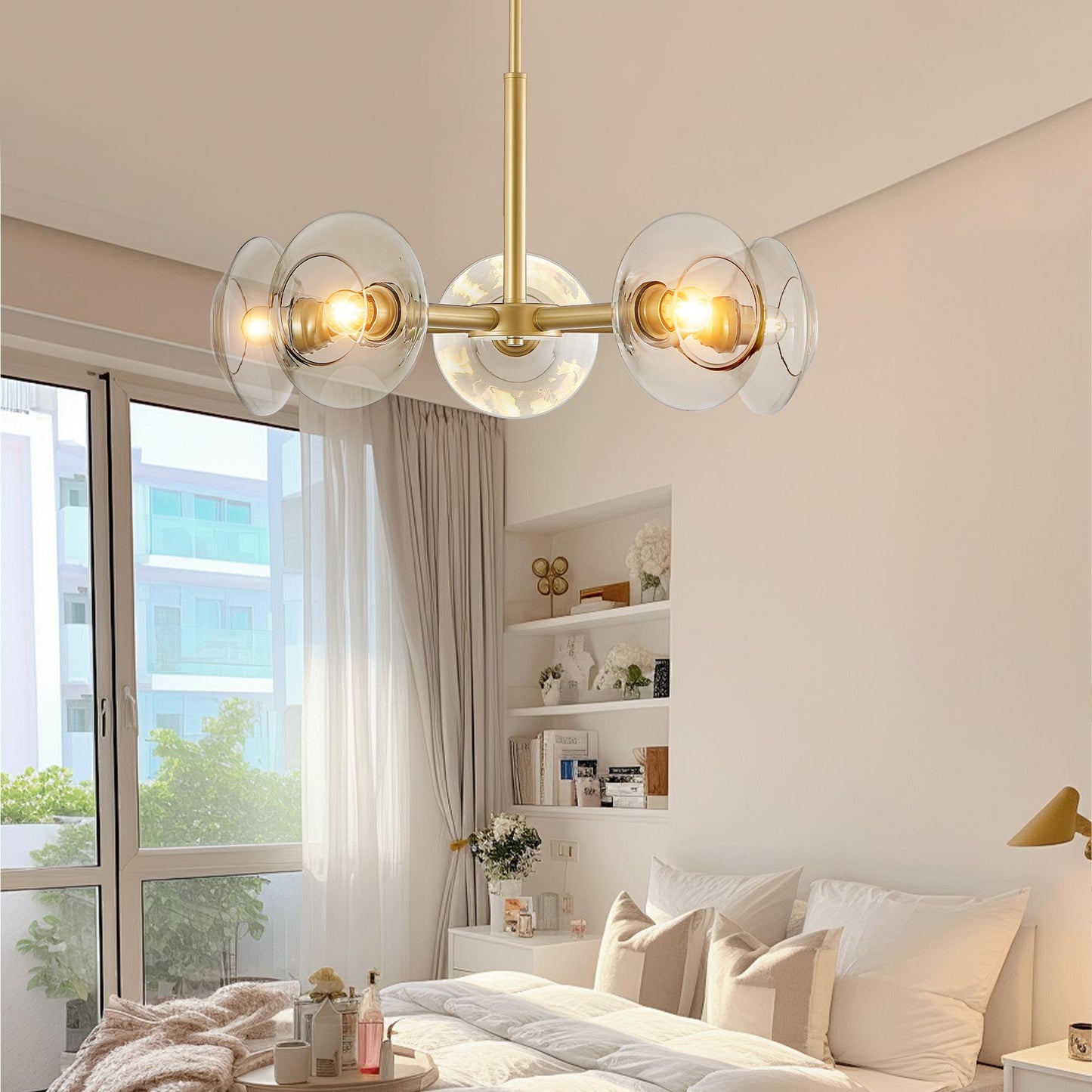 26" Modern Gold 5-Light Sputnik Chandelier with Clear Glass Shades, Mid-Century Hanging Pendant Light Fixture for Dining Room, Living Room, or Kitchen (Bulb Not Included)