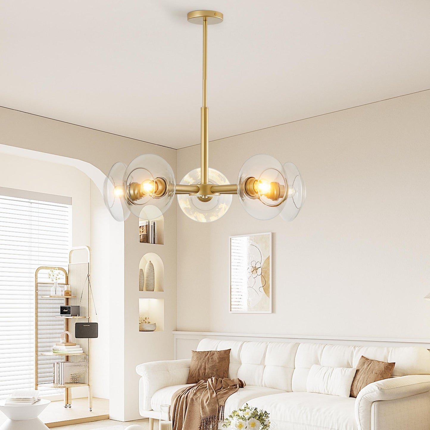 26" Modern Gold 5-Light Sputnik Chandelier with Clear Glass Shades, Mid-Century Hanging Pendant Light Fixture for Dining Room, Living Room, or Kitchen (Bulb Not Included)