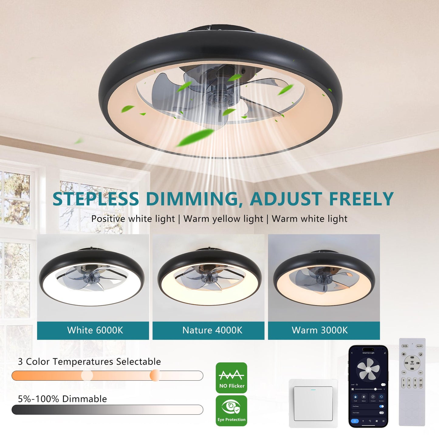 20" Black LED Ceiling Fan Light – Dimmable & Adjustable Color Temperature, APP & Remote Control, Modern Smart Ceiling Fan for Living Room, Bedroom, and Dining Room (Silent/6-Speed/Reversible/DC Motor)
