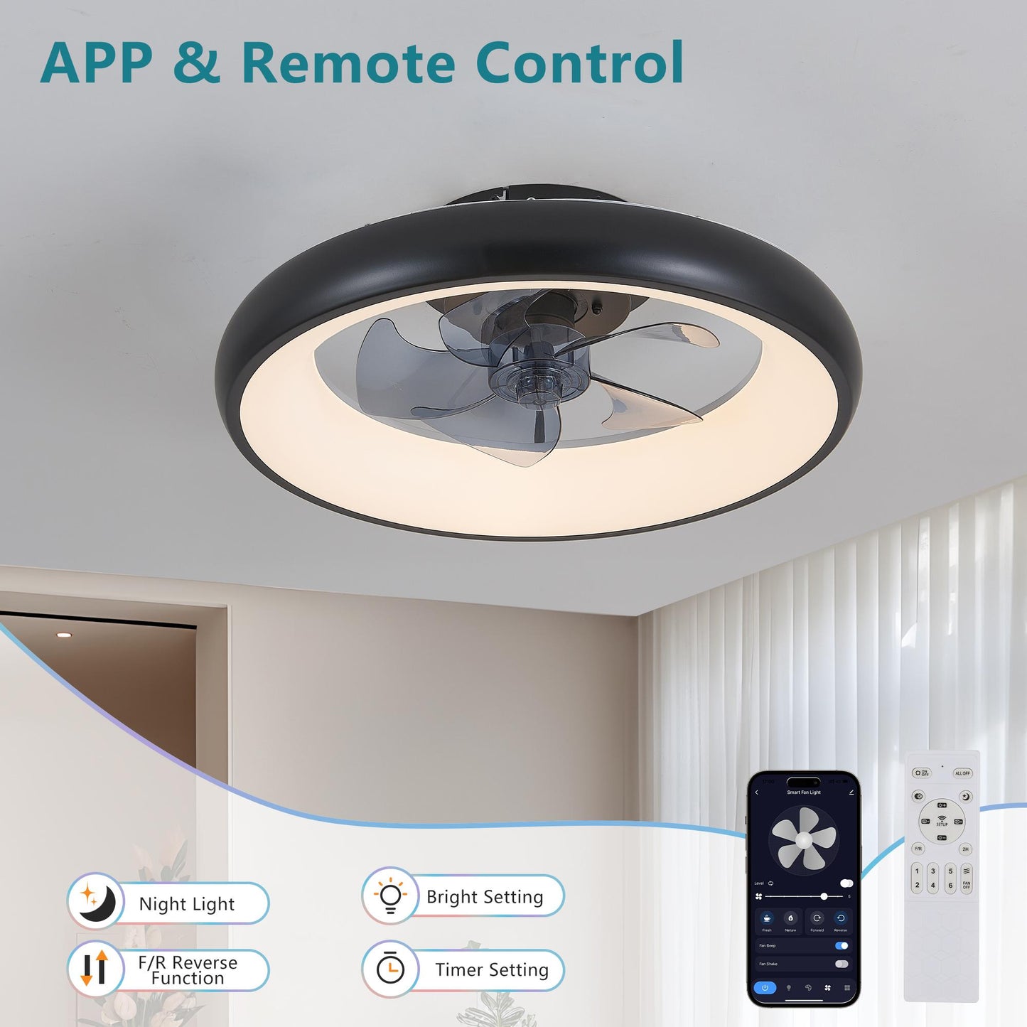 20" Black LED Ceiling Fan Light – Dimmable & Adjustable Color Temperature, APP & Remote Control, Modern Smart Ceiling Fan for Living Room, Bedroom, and Dining Room (Silent/6-Speed/Reversible/DC Motor)