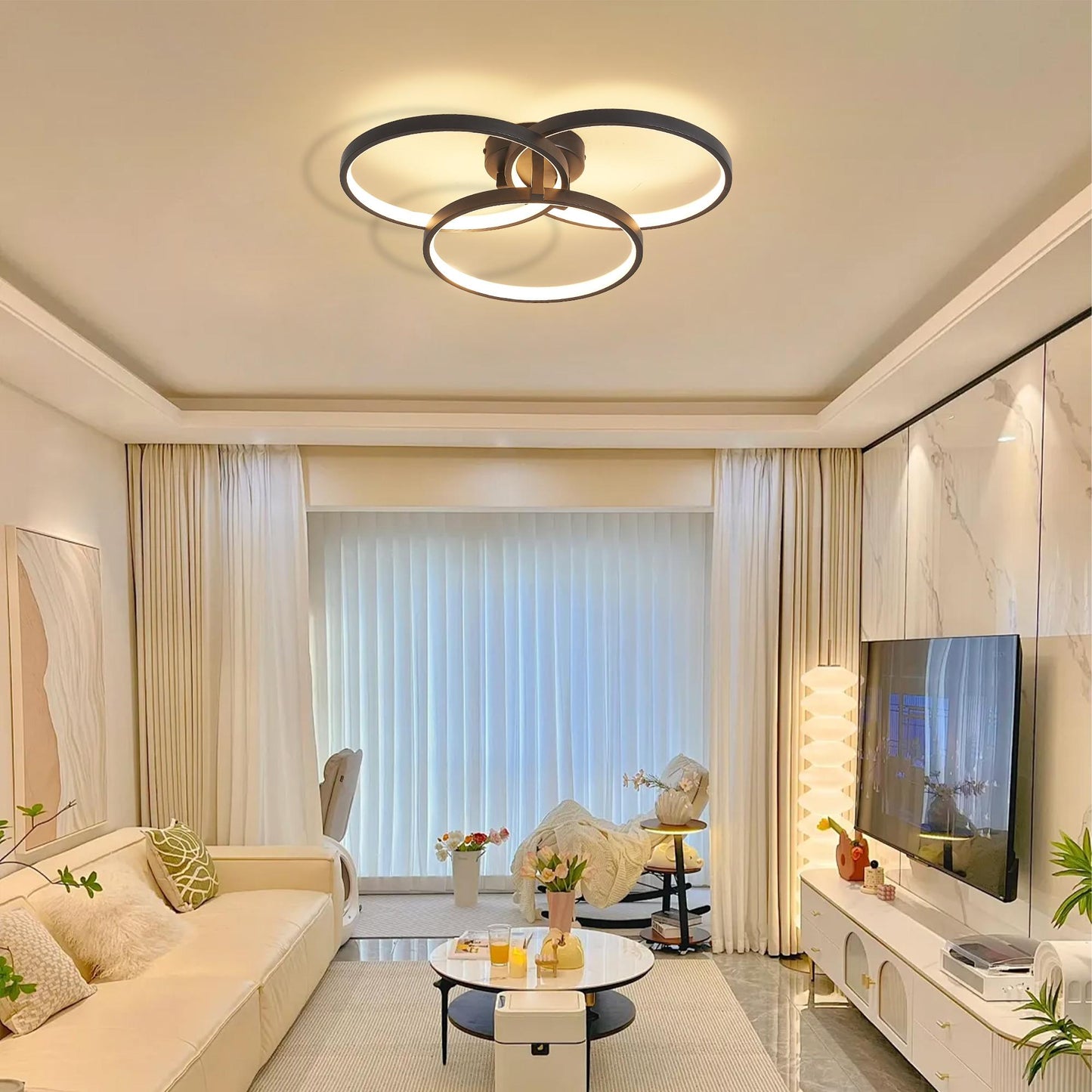 20" Modern Black LED Ceiling Light, 3-Ring Flush Mount Fixture for Living Room, Bedroom, or Dining Room, Sleek and Energy-Efficient Design, Easy Installation