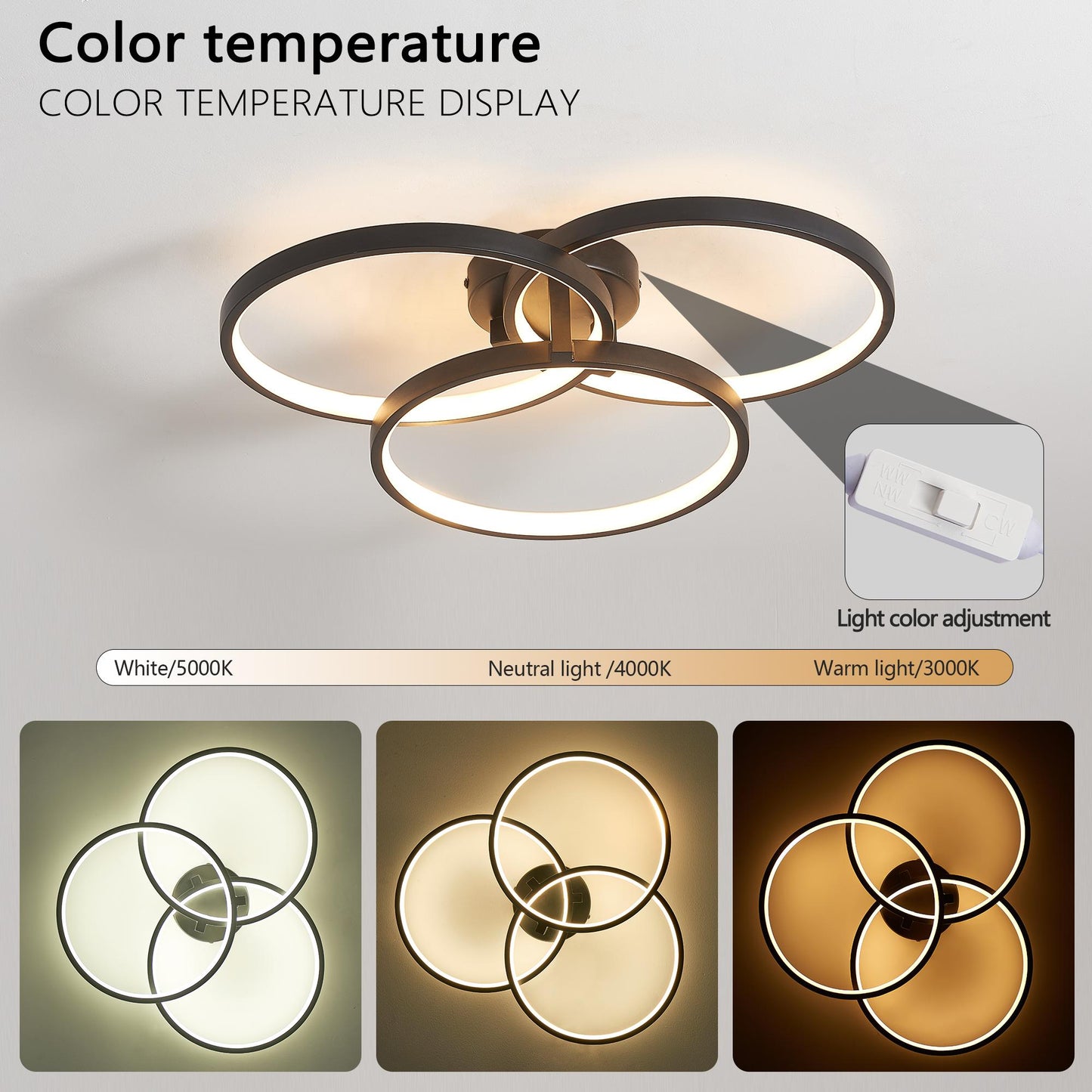 20" Modern Black LED Ceiling Light, 3-Ring Flush Mount Fixture for Living Room, Bedroom, or Dining Room, Sleek and Energy-Efficient Design, Easy Installation