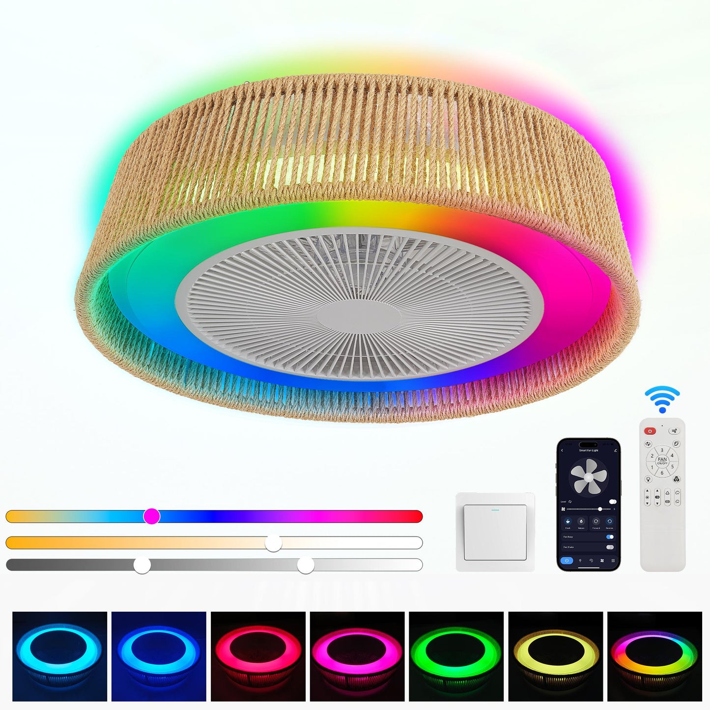 21" Modern Rustic Ceiling Fan Light with LED RGB Mood Lighting, Rope Woven Design, Quiet Fan, Semi Flush Mount for Bedroom, Living Room, or Dining Room ((Silent/6-Speed/Reversible/DC Motor))