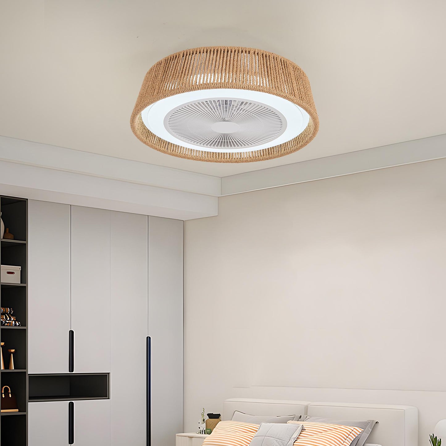 21" Modern Rustic Ceiling Fan Light with LED RGB Mood Lighting, Rope Woven Design, Quiet Fan, Semi Flush Mount for Bedroom, Living Room, or Dining Room ((Silent/6-Speed/Reversible/DC Motor))