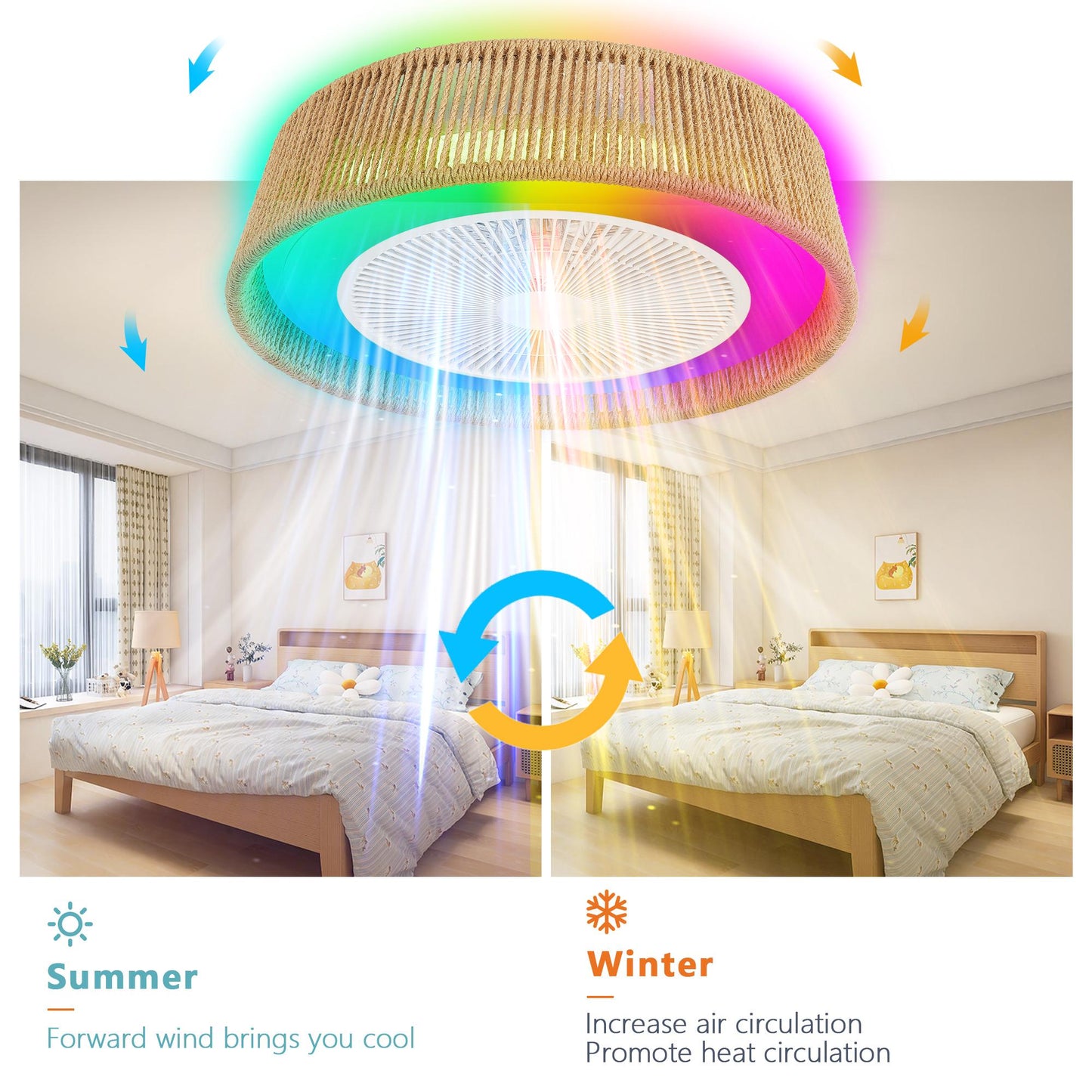 21" Modern Rustic Ceiling Fan Light with LED RGB Mood Lighting, Rope Woven Design, Quiet Fan, Semi Flush Mount for Bedroom, Living Room, or Dining Room ((Silent/6-Speed/Reversible/DC Motor))