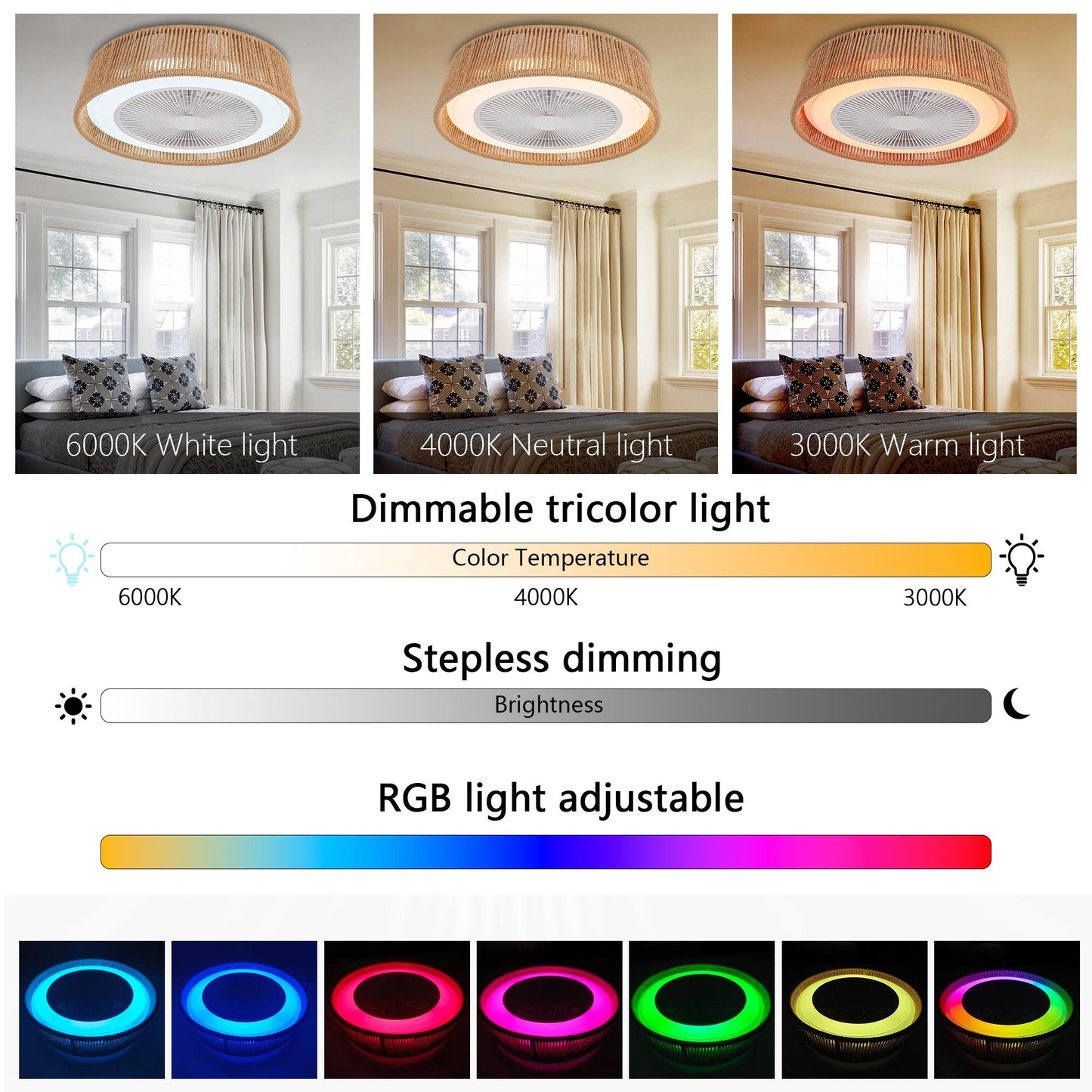 21" Modern Rustic Ceiling Fan Light with LED RGB Mood Lighting, Rope Woven Design, Quiet Fan, Semi Flush Mount for Bedroom, Living Room, or Dining Room ((Silent/6-Speed/Reversible/DC Motor))