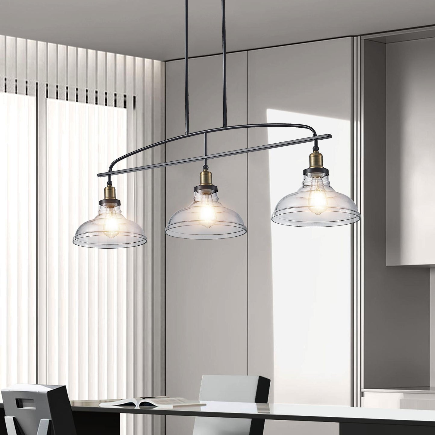 45" Industrial 3-Light Pendant Chandelier with Clear Glass Shades, Black Metal Frame, Adjustable Height, Modern Farmhouse Lighting for Kitchen Island, Dining Room, or Living Room (Bulb Not Included)