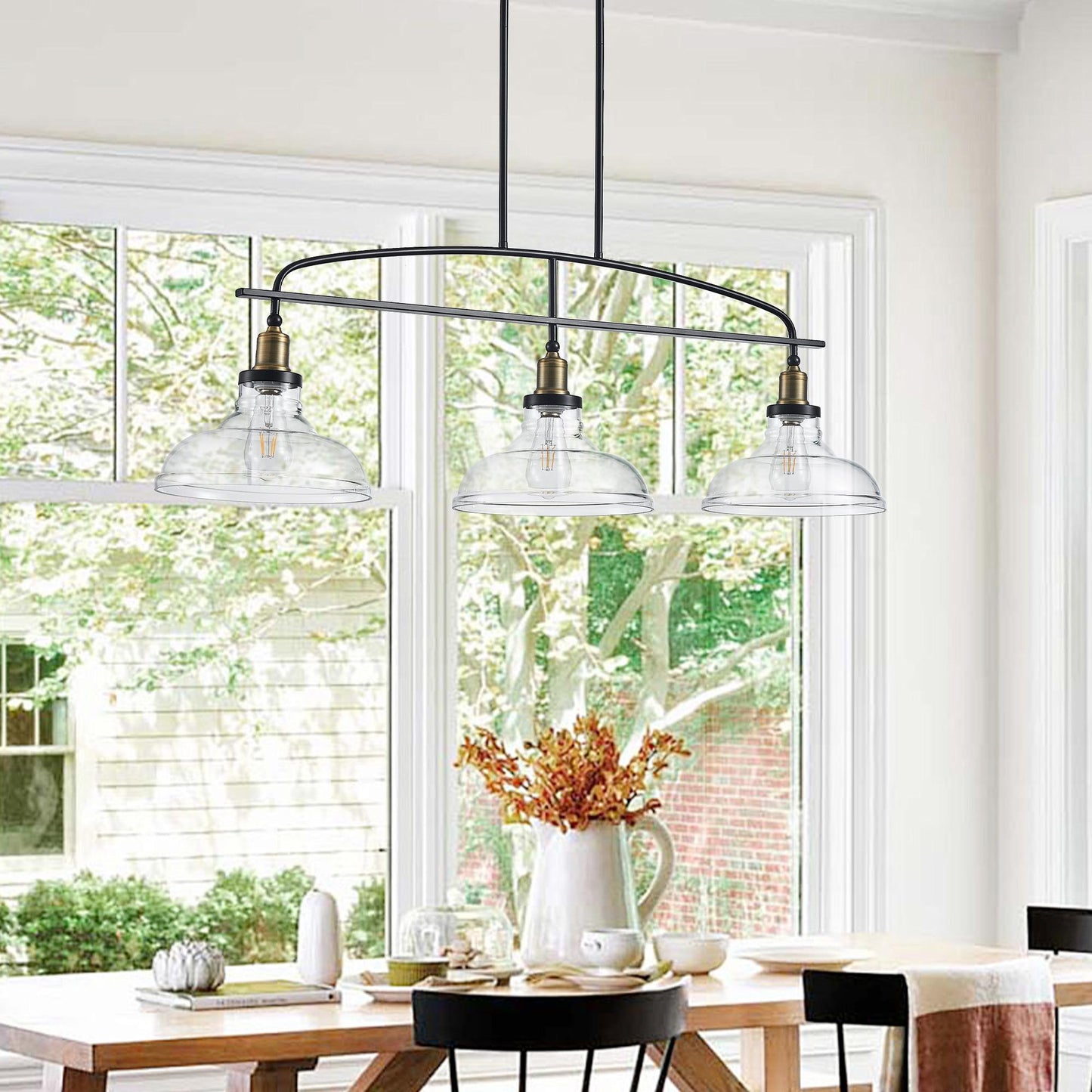 45" Industrial 3-Light Pendant Chandelier with Clear Glass Shades, Black Metal Frame, Adjustable Height, Modern Farmhouse Lighting for Kitchen Island, Dining Room, or Living Room (Bulb Not Included)