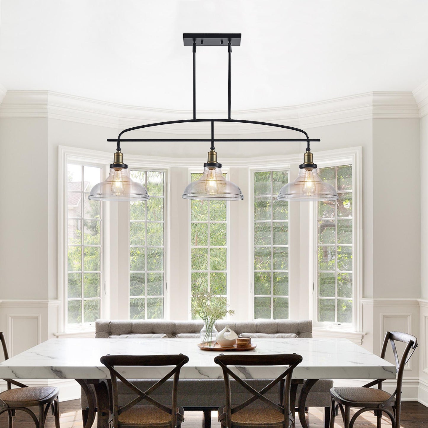 45" Industrial 3-Light Pendant Chandelier with Clear Glass Shades, Black Metal Frame, Adjustable Height, Modern Farmhouse Lighting for Kitchen Island, Dining Room, or Living Room (Bulb Not Included)