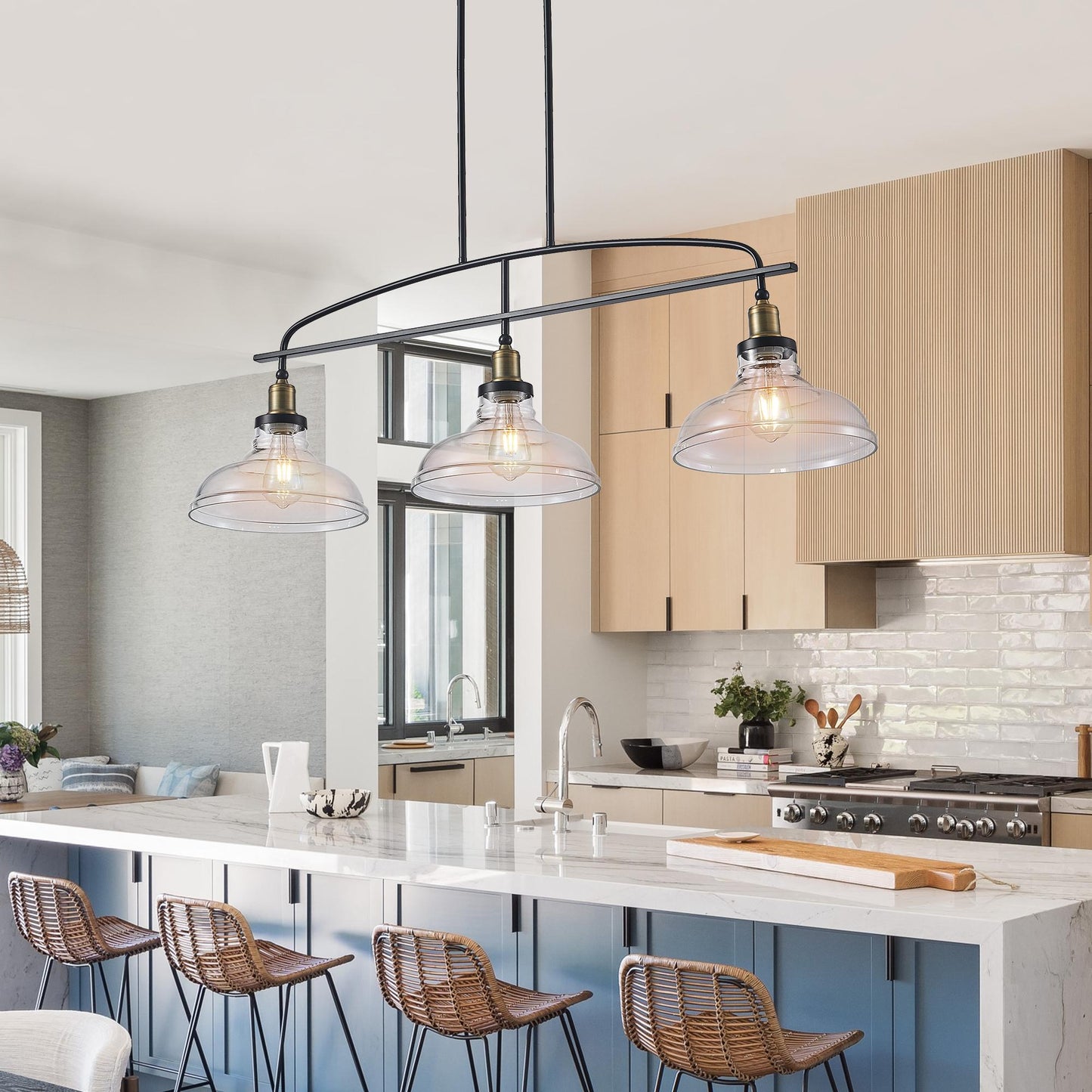 45" Industrial 3-Light Pendant Chandelier with Clear Glass Shades, Black Metal Frame, Adjustable Height, Modern Farmhouse Lighting for Kitchen Island, Dining Room, or Living Room (Bulb Not Included)