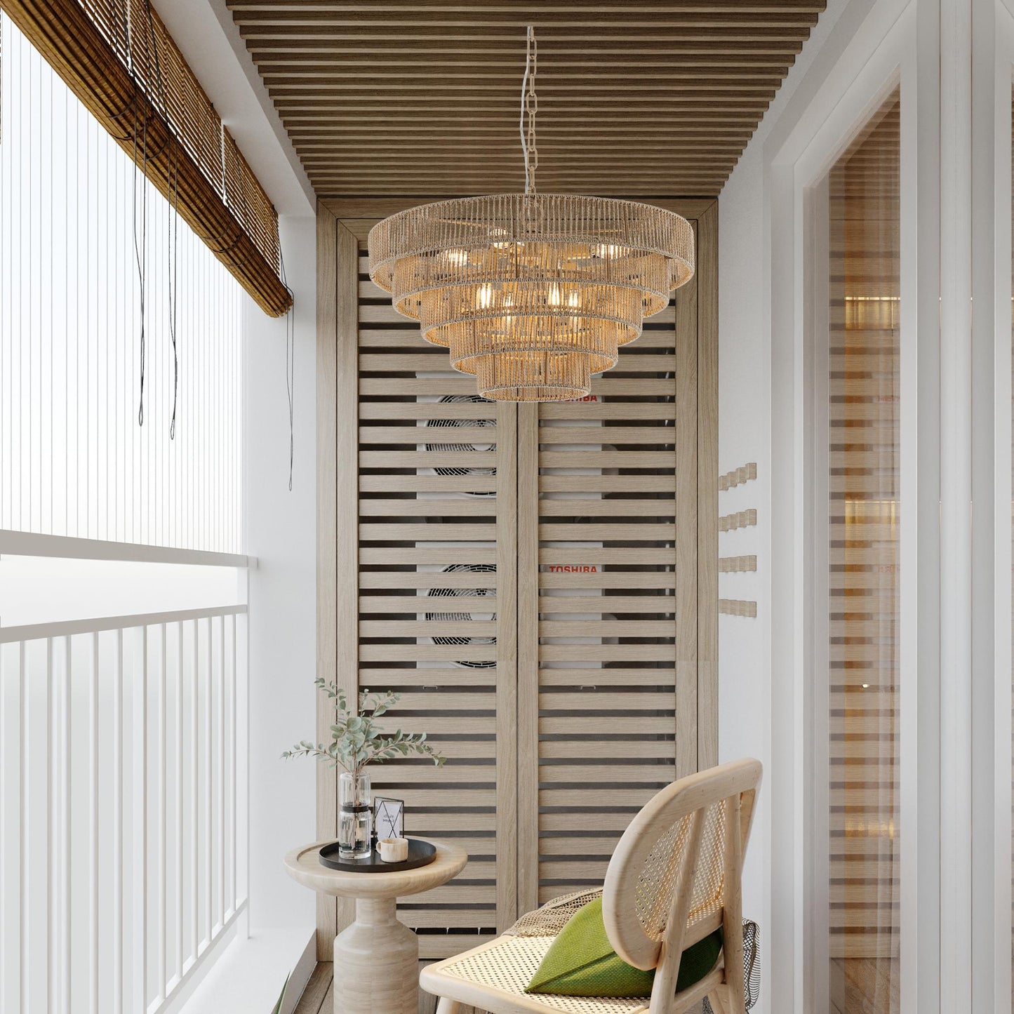 (Same as W1340P155977/L1019-5) 24" Modern 5-Layer Woven Hemp Rope Chandelier, Boho Style Pendant Light, Elegant Hanging Light Fixture for Living Room, Dining Room, Bedroom (No Bulbs)