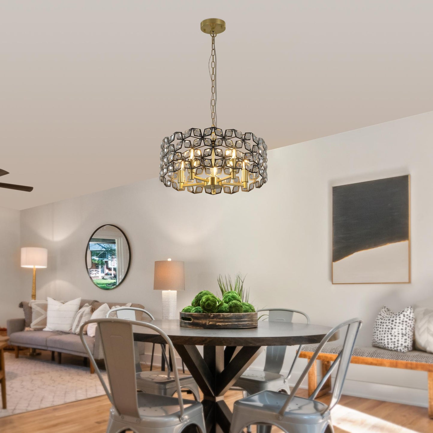19" Geometric Crystal and BlackGold Round Pendant Chandelier – Modern 5-Light Fixture for Dining Room, Living Room, or Kitchen (Bulb Not Included)