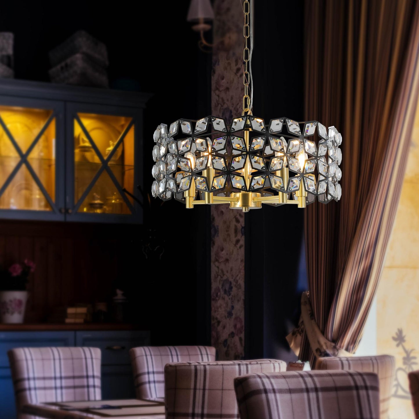 19" Geometric Crystal and BlackGold Round Pendant Chandelier – Modern 5-Light Fixture for Dining Room, Living Room, or Kitchen (Bulb Not Included)