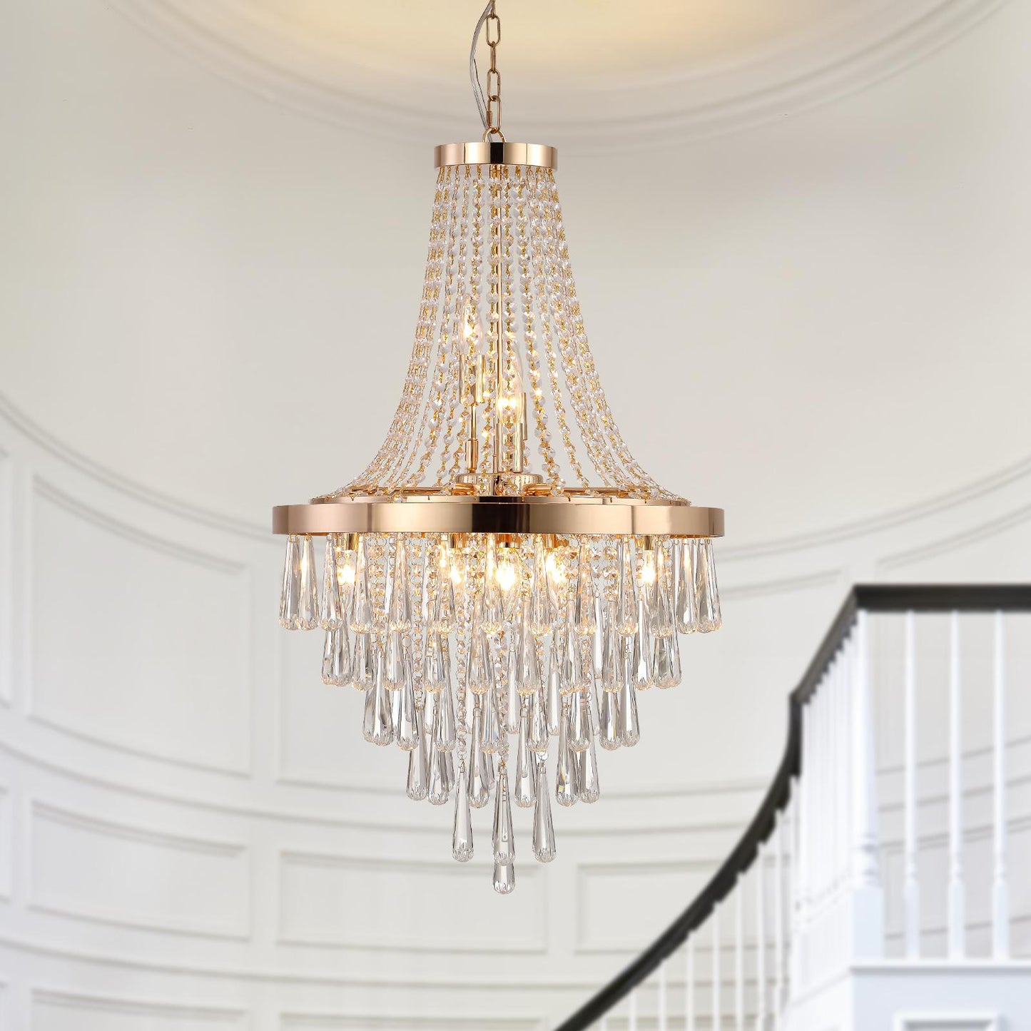 (Same as W1340102274/L5004) 20" Modern Crystal Pendant Chandelier with Golden Finish – Elegant 11-Light Hanging Light Fixture Tiered Design for Dining Room, Living Room, or Entryway (No Bulbs)