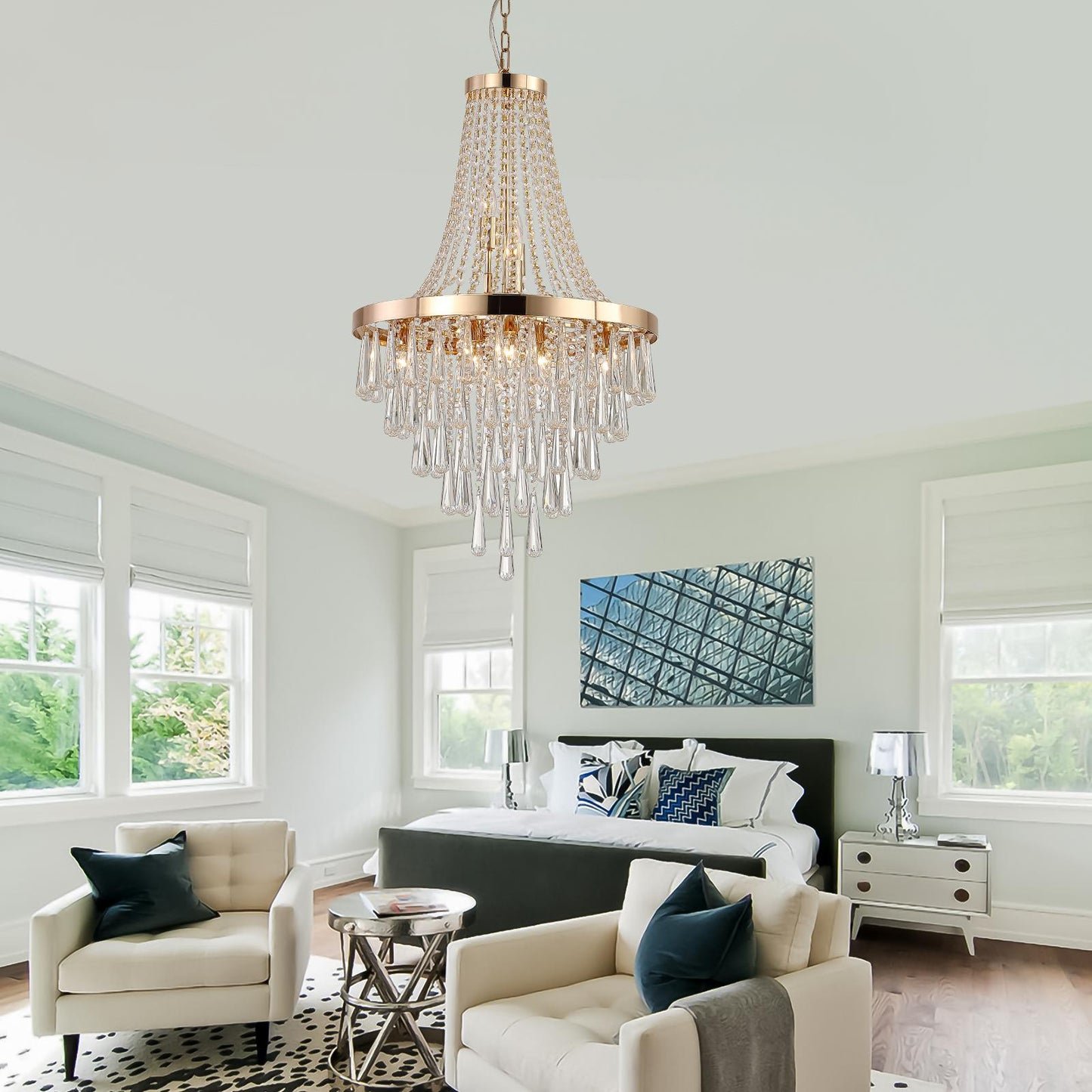 (Same as W1340102274/L5004) 20" Modern Crystal Pendant Chandelier with Golden Finish – Elegant 11-Light Hanging Light Fixture Tiered Design for Dining Room, Living Room, or Entryway (No Bulbs)