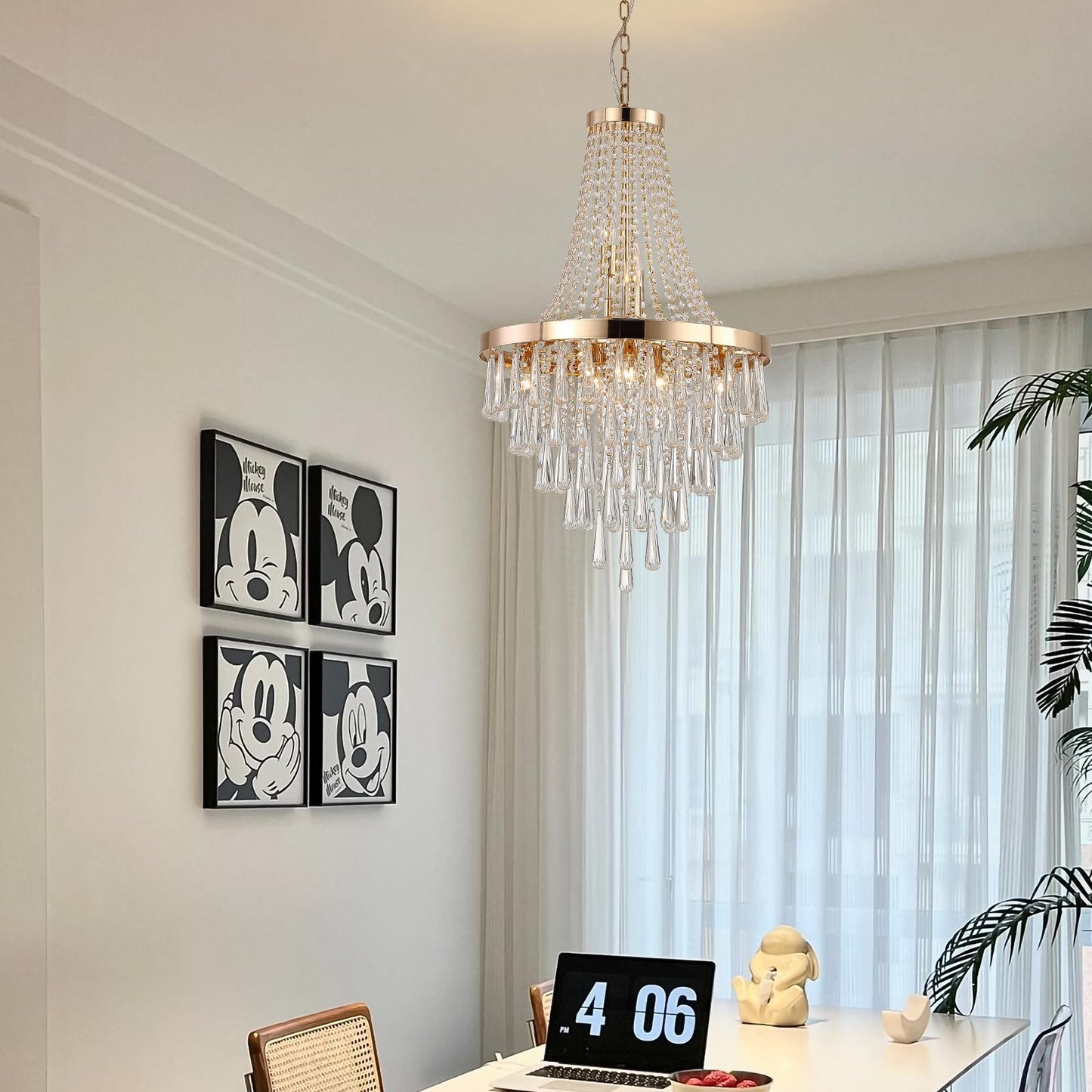 (Same as W1340102274/L5004) 20" Modern Crystal Pendant Chandelier with Golden Finish – Elegant 11-Light Hanging Light Fixture Tiered Design for Dining Room, Living Room, or Entryway (No Bulbs)